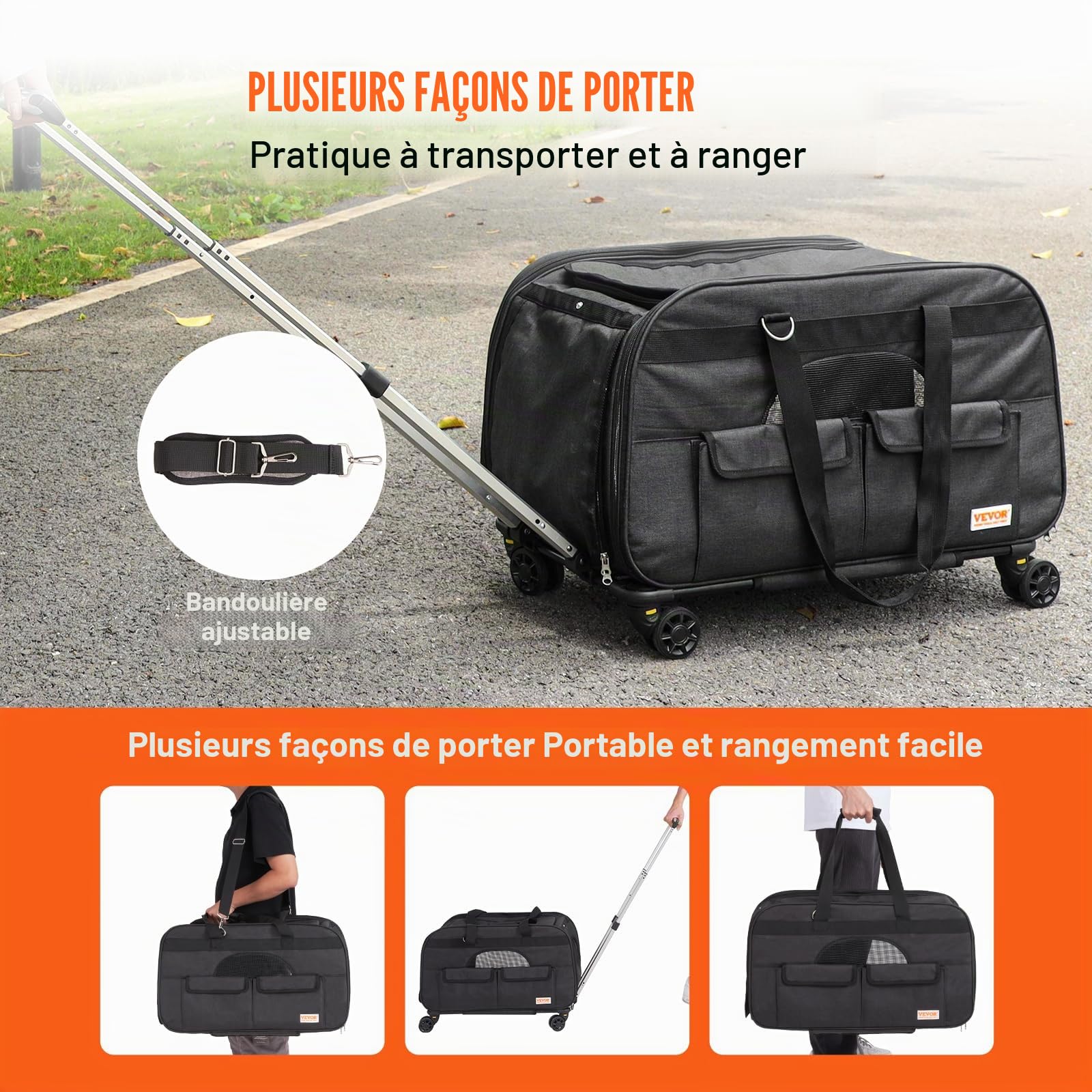 VEVOR Sac à Roulettes pour Chat Chien 15,8 kg Sac de Transport Chats Poignée Télescopique Bandoulière Gamelle Pliable Transporteur Roulant Fermeture Éclair Autobloquante pour Animaux de Compagnie Noir