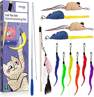 Inovida Cat Toy Set: XL 15 Pieces Cat Toy with Catnip - Vegan Toy for Cats with Cat Fishing, Feathers, Mouse, Worms - Kitten Toy Set Cats Gadgets product image