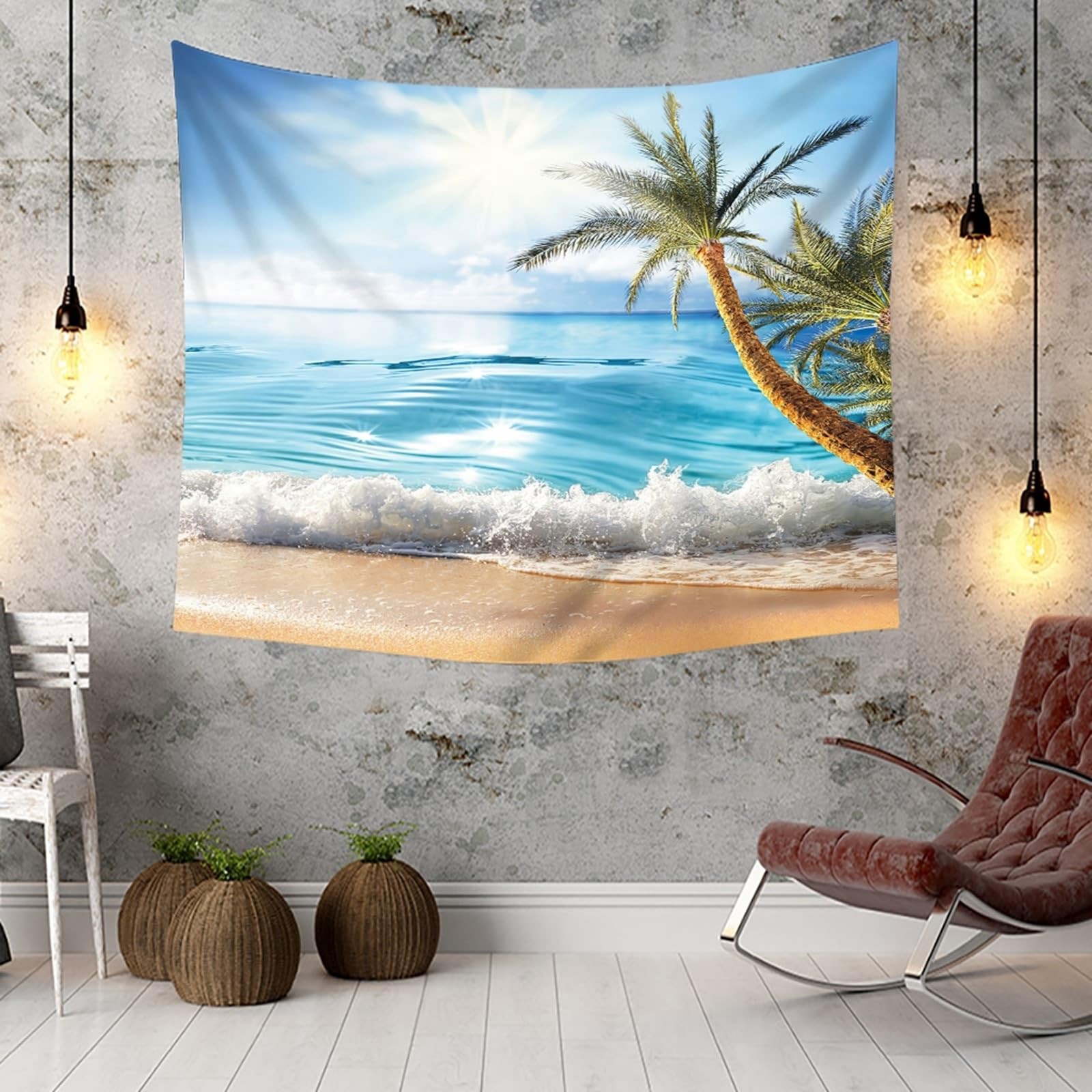Skcess Tapisserie 260x240cm, Polyester Wandteppich Natur Hellblau Grün Küstenlandschaft