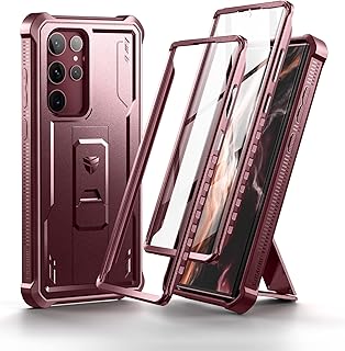 Dexnor Full Body Case for Samsung Galaxy S22 Ultra 5G/6.8 inches, [Extra Front Frame] Heavy Duty Military Grade Protection Built-in Screen Protector and Kickstand for Samsung S22 Ultra 5G,Maroon Red