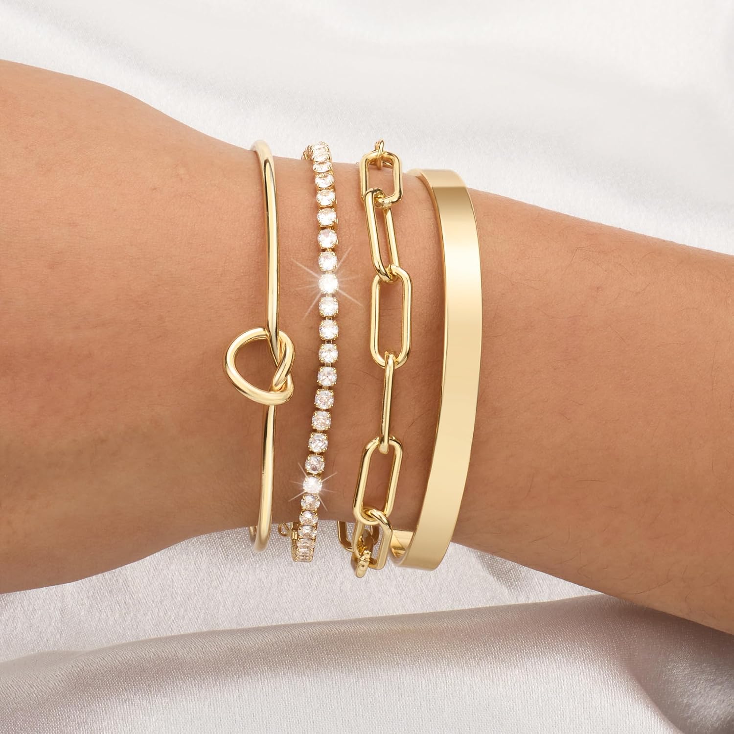 Reoxvo Gold Bangle Cuff Bracelets for Women Trendy Gold Plated Tennis Bracelet Stack for Women Non Tarnish Fashion Jewelry Accessories Set