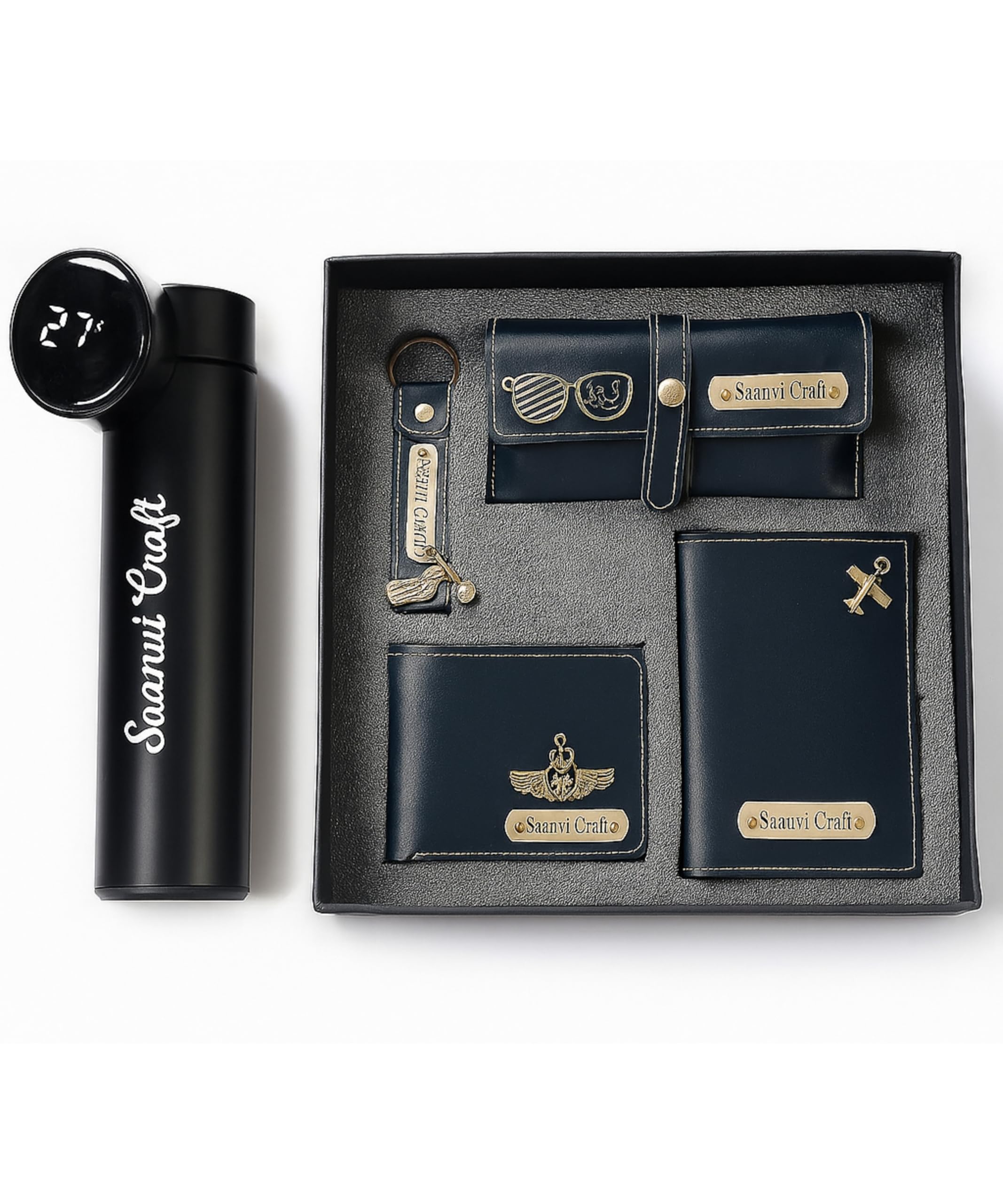 Dream Gift Glore Customized 5 in 1 Engraved 1 LED Flask Bottle, Passport Cover with Wallet, Eye Wear Case, and Metal Keychain Combo - Men's Combo Accessories, Personalised Gifts (Navy Blue)