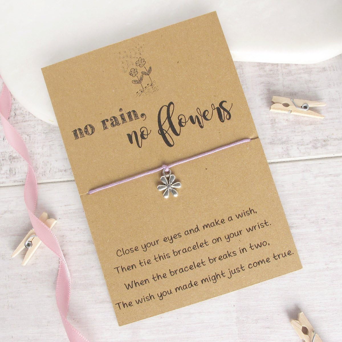 no rain no flowers wish bracelet, friendship bracelet, charm bracelet, cord bracelet, flower jewellery, string bracelet, friend gift idea