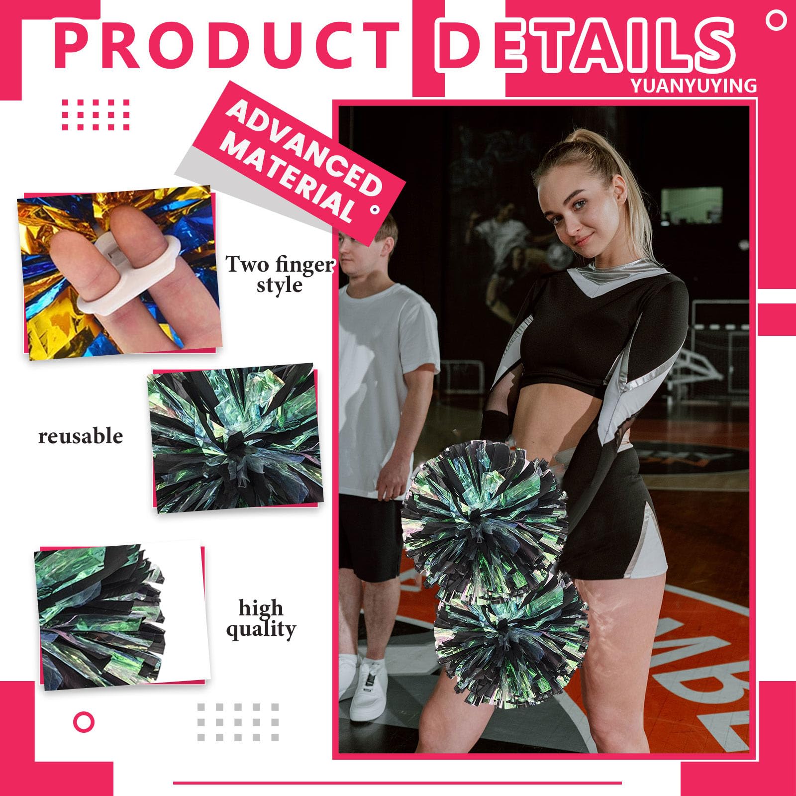 8 szt. pompony Cheer, 34,7 cm pompony cheerleaderki z otworami na palce, pompony do tańca, zapałek (czarny matowy)