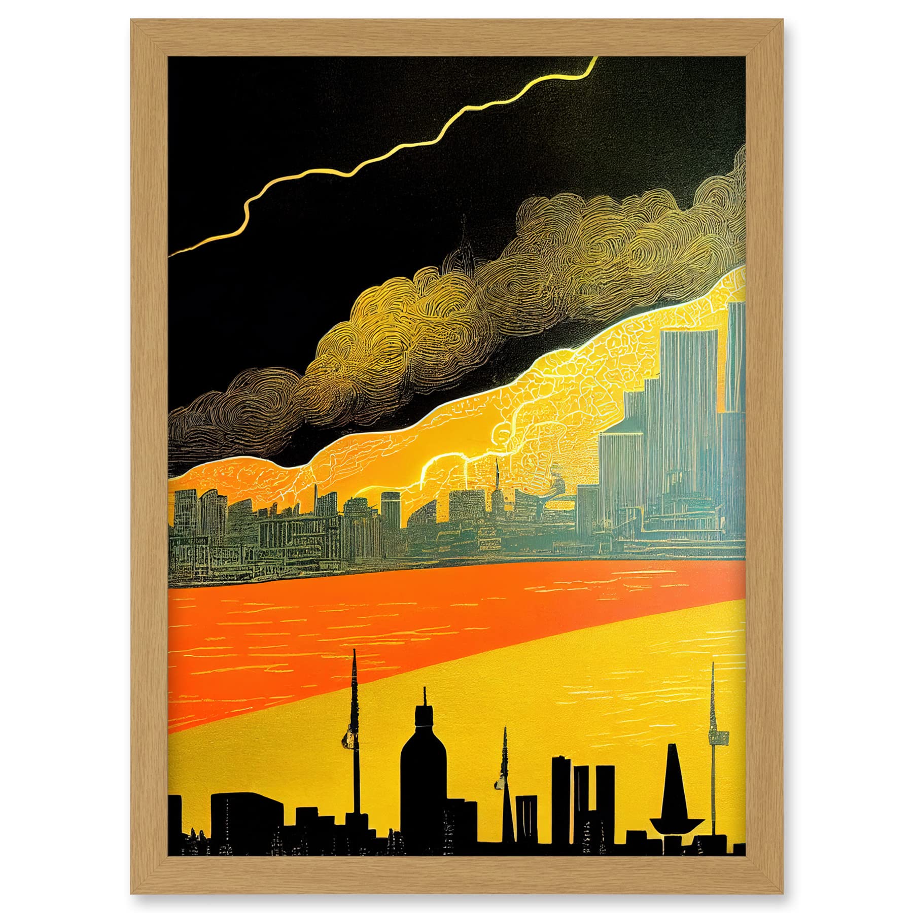 Wee Blue Coo Modern Black Yellow Orange Linocut London Skyline Cityscape Storm Lightning Artwork Framed A3 Wall Art Print