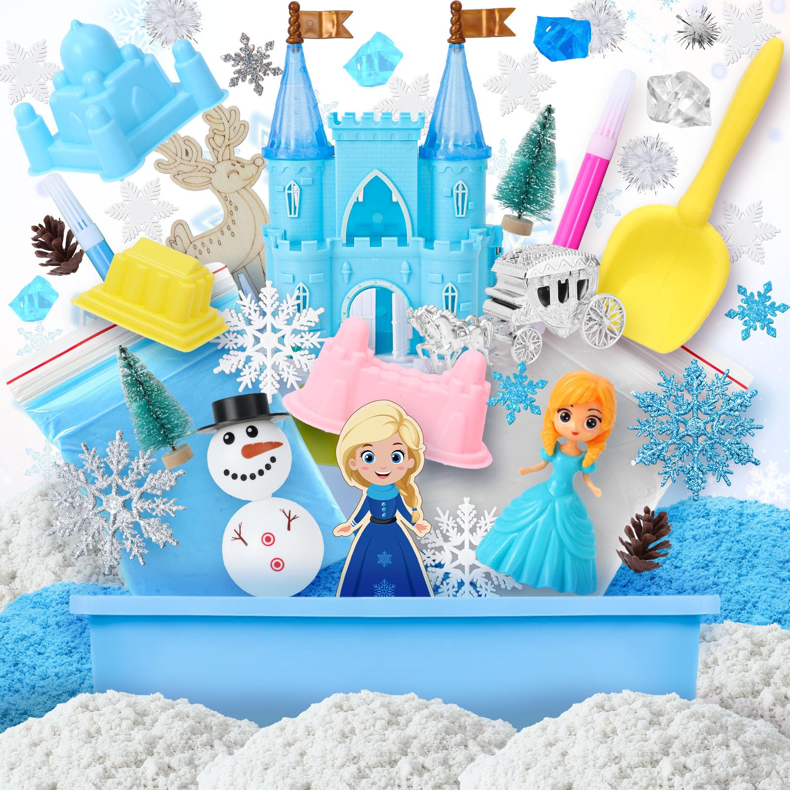 Vamei Sable Magique, Frozen Bac à Sable Magique avec 900g Coloré Sable, Chateau, Jouet Reine des Neiges, Jouets Sensoriels Jouets de Sable Cadeau Reine des Neiges pour Enfant Garçon Fille 3 4 5 6 Ans