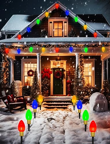 Miniatura 7 de Luces de Navidad Jumbo C9 decoraciones para césped al aire libre con estacas de marcador de camino, paquete de 2 luces de 7 pies con bombillas