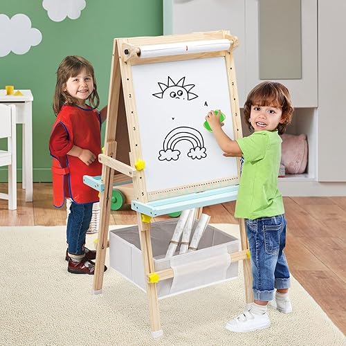 Miniatura 7 de Caballete de arte de madera para niños caballete de doble cara para niños con pizarra blanca y pizarra caballete de pie ajustable en altura con