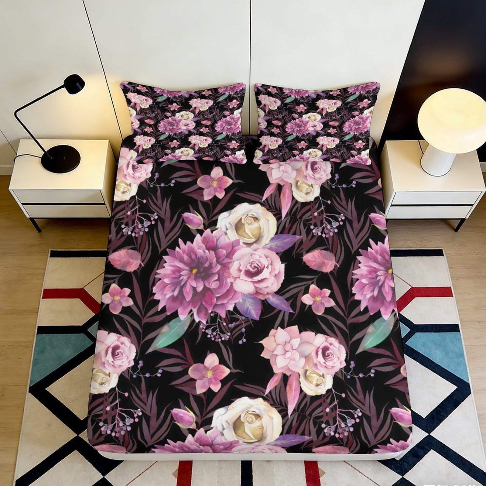 3D Printed Peony Floral Fitted Sheet Microfiber Soft Breathable Botanical Mattress Cover for Bedroom Guest Room Decor 90x200x25cm