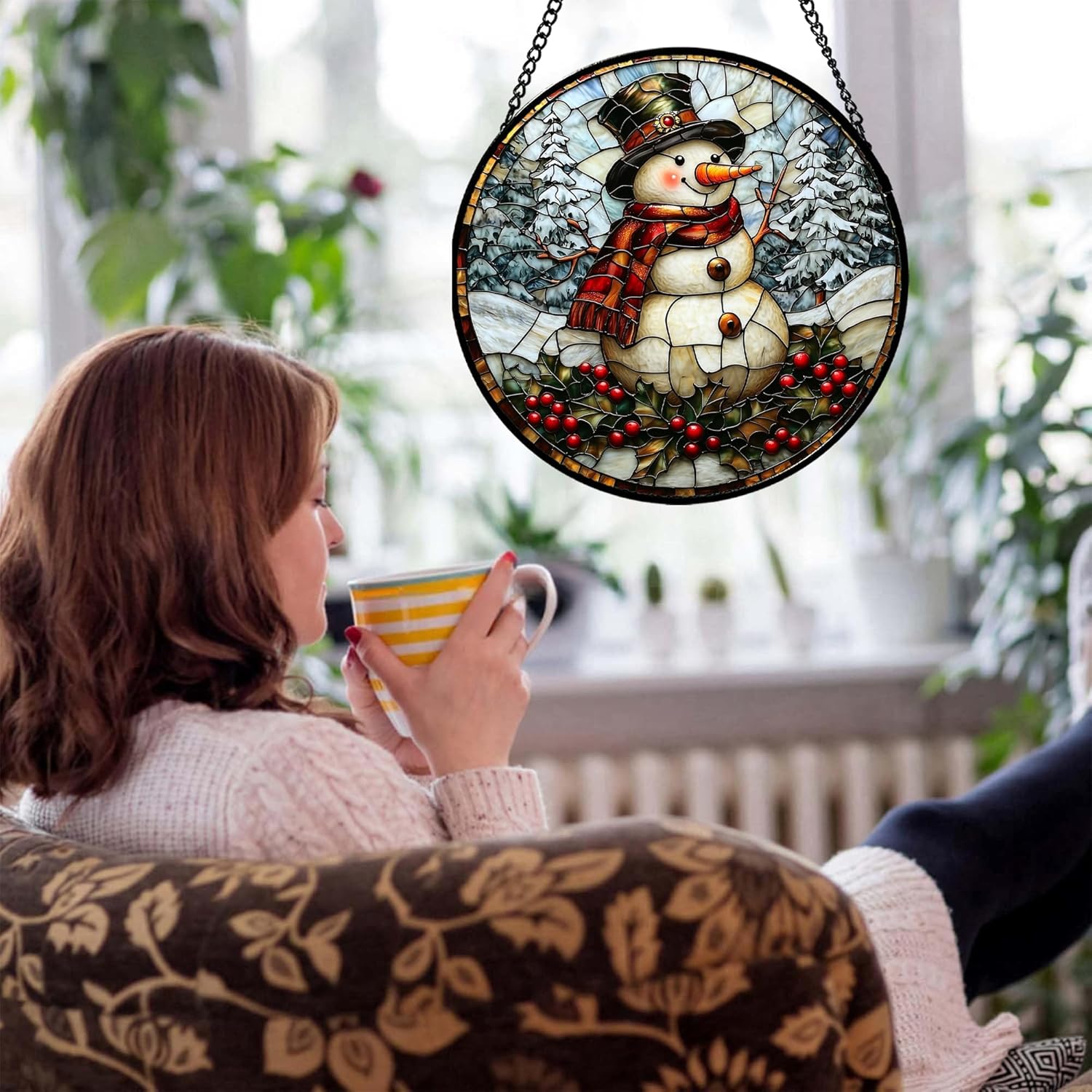 Stained Glass Window Hanging - Christmas Snowman Suncatcher for Door Terrace Garden Home Decor Winter Forest Snow Sun Catcher Birthday Gifts for Lovers Women Men Dad Mom Nana 6.3 in - Image 2