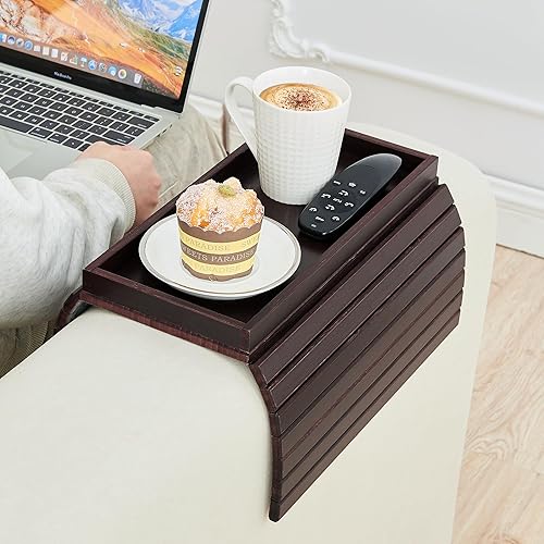 Miniatura 8 de GEHE Bandeja de brazo de bambú para sofá, mesa auxiliar plegable para brazo de sofá, mesa auxiliar con reposabrazos anticaídas, soporte para tazas