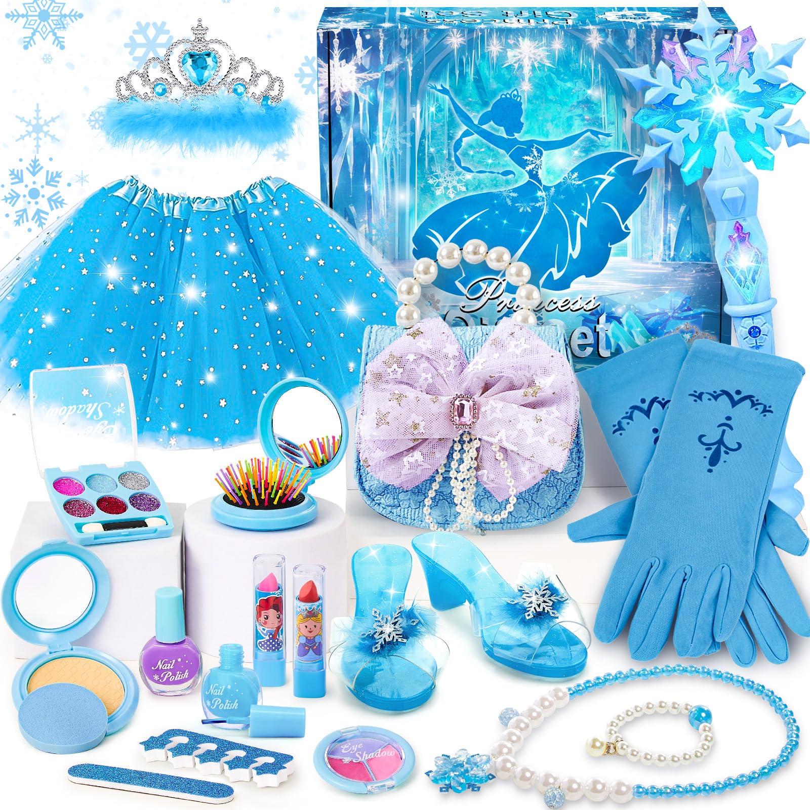 Golray Toys for Girls Gifts Kids Makeup Kit Winter Princess Dress up Real Makeup/Nail Polish/Snow Wand/Purse/Ice Light up Skirt, Christmas Birthday Gift Pretend Play for Toddlers 3 4 5 6 7 8 Years Old