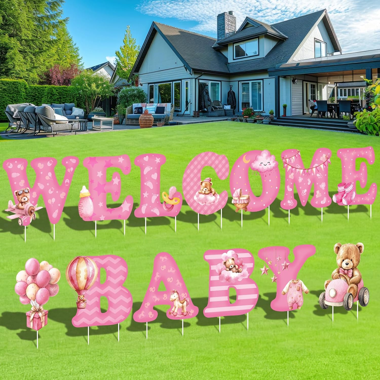 Chumia 13 Pcs Baby Shower Yard Sign 'Welcome Baby' Yard Signs with Stakes, 15 Inch Tall Girl Boy Lawn Sign Gender Reveal Outdoor Decoration Welcome Newborn Announcement for Party Decorations(Pink)