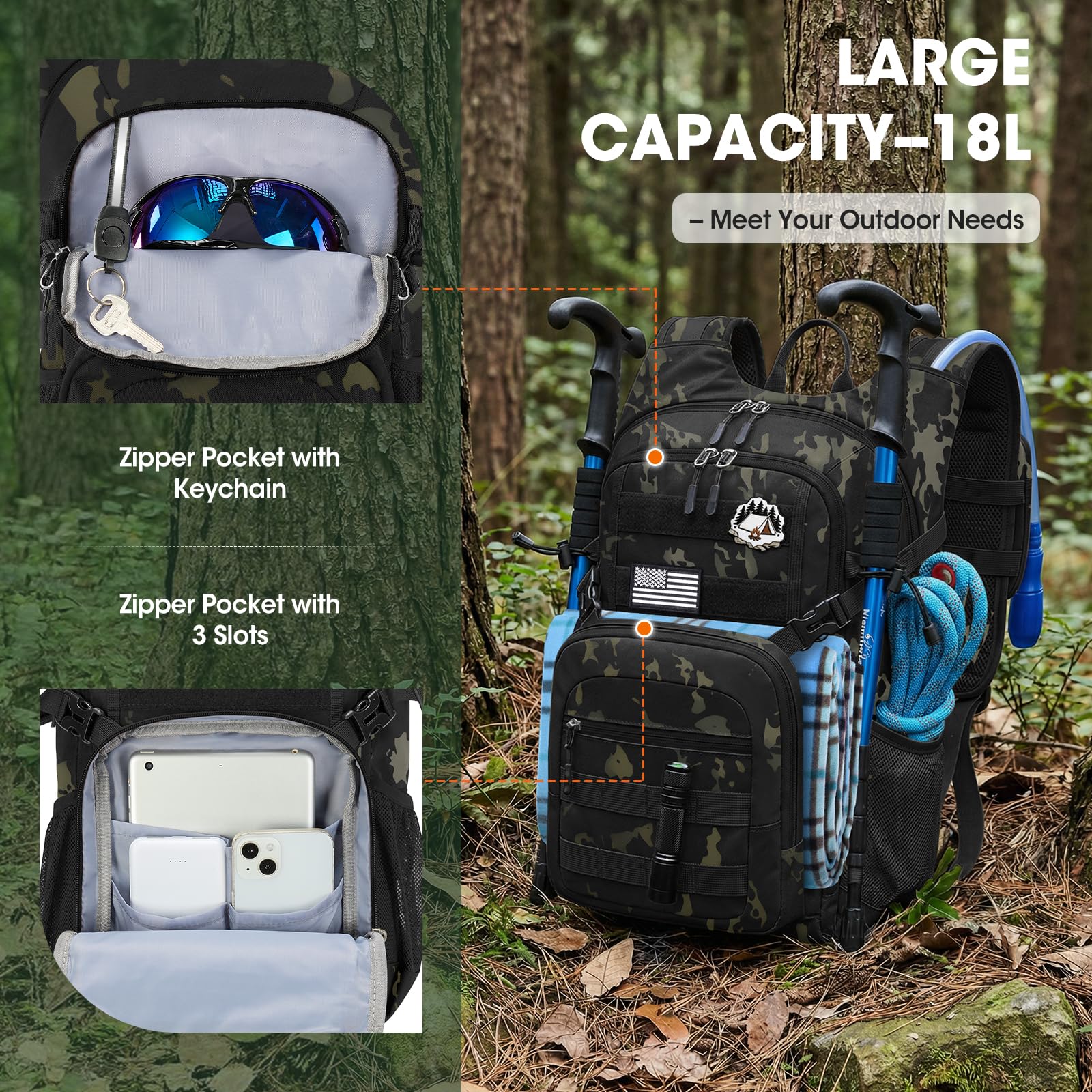 RAINSMORE Mochila Hidratación 18L con Bolsa Agua 2L y Funda Impermeable | Mochila Senderismo Ligera, Bolsa 2L, Sistema Molle, Tejido 900D, Ideal para BicicletaMontaña y Running