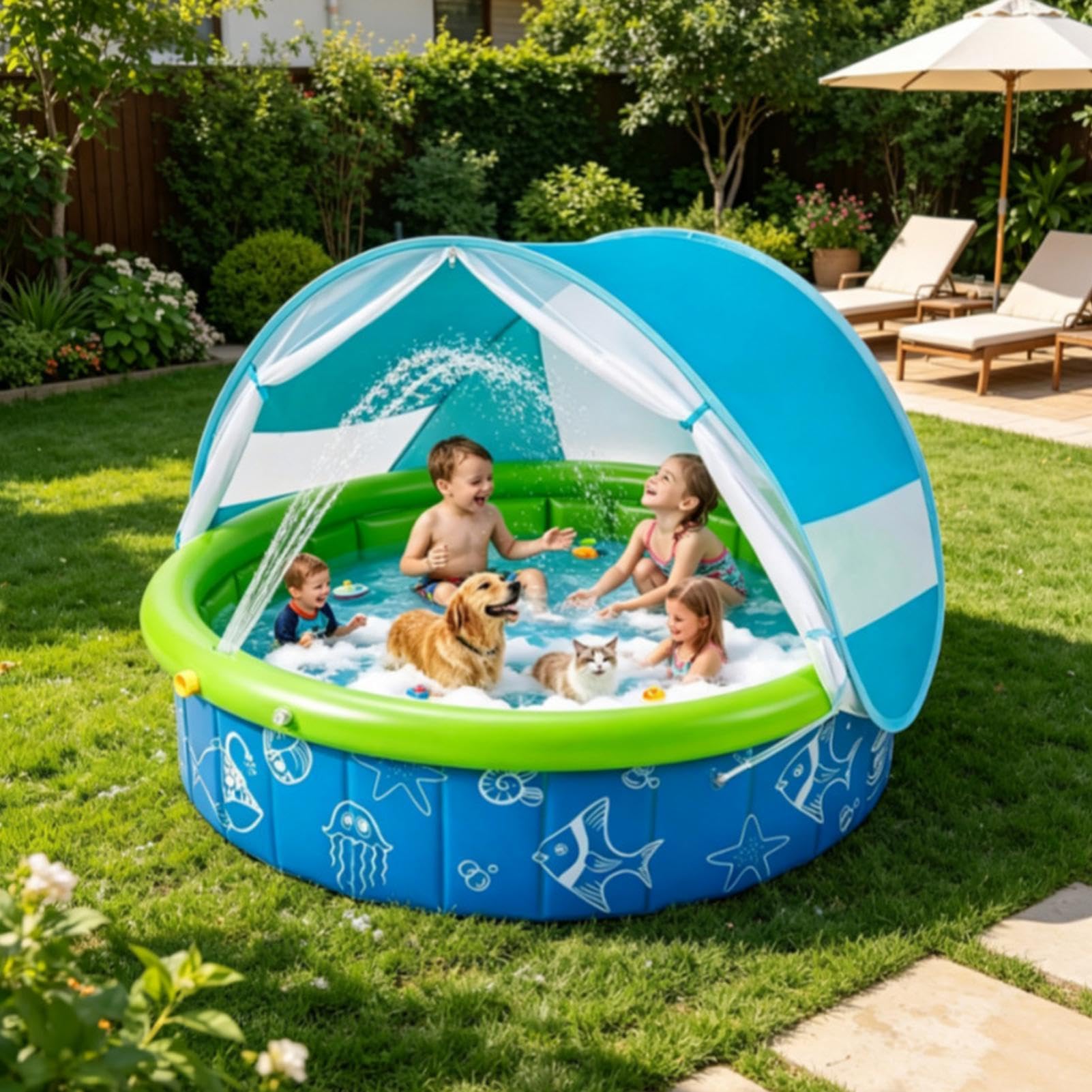 Piscina Gonfiabile per Bambini Giocattolo Pieghevole Con Tettuccio Parasole | Piscina Da Nuoto Per Esterno Cortile Patio Spiaggia E Viaggio