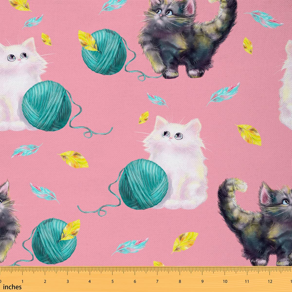 White Cat Fabric by The Yard Lovely Animals Watercolor Wool Ball Craft Hobby Fabric for Kids Teens Green Golden Leaf DIY Sewing Fabric for Sofa Chair Kids Room Decor,1 Yard,Pink