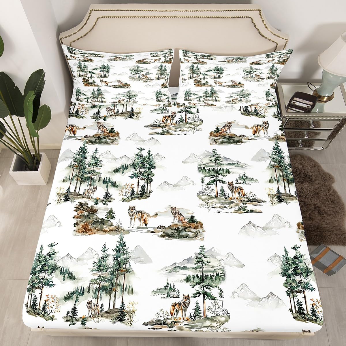 Erosebridal Hedgehog Fitted Sheet Full Watercolor Branch Leaves Bed Sheets Jungle Pine Trees Bedding Set Woodland Wildlife Animal Sheets Natural Mushroom Decor