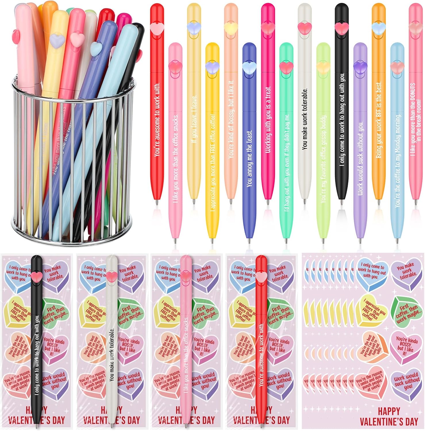 Glenmal 30 Set Funny Coworkers Valentine's Day Heart Pens with Cards Bulk Valentines Humorous Quotes Ballpoint Pens Bookmarks for Coworker Adults Employee Office Valentines Party Gifts (Colorful)