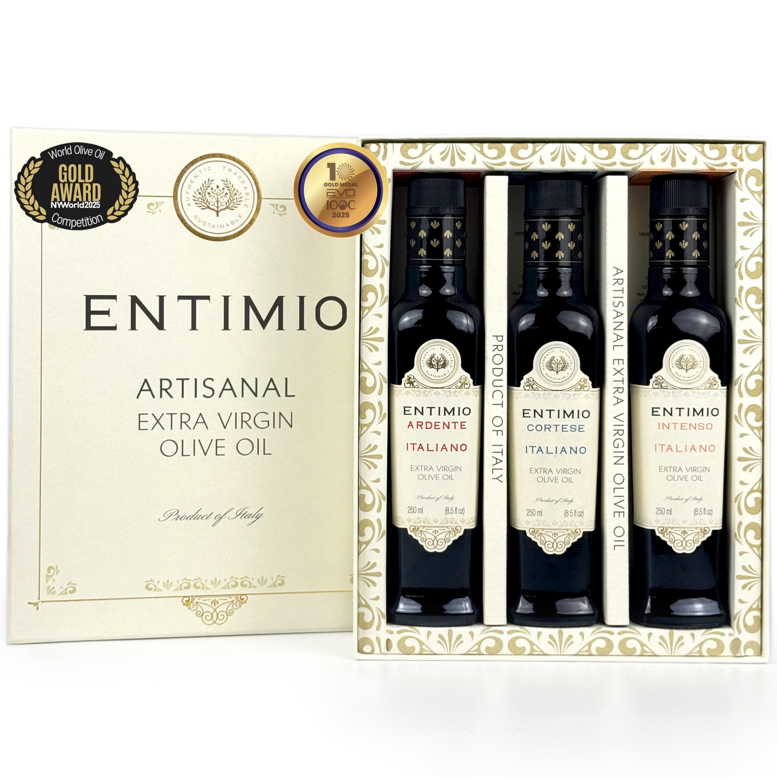 Entimio Collection Organic Italian Extra Virgin Olive Oil Gift Set from Italy, 600+ to 900+ mg/kg High in Polyphenols, 2025 Gold Winner, Early Harvest evoo, Cold Extracted, Lab Tested – 3 x 8.5 fl oz