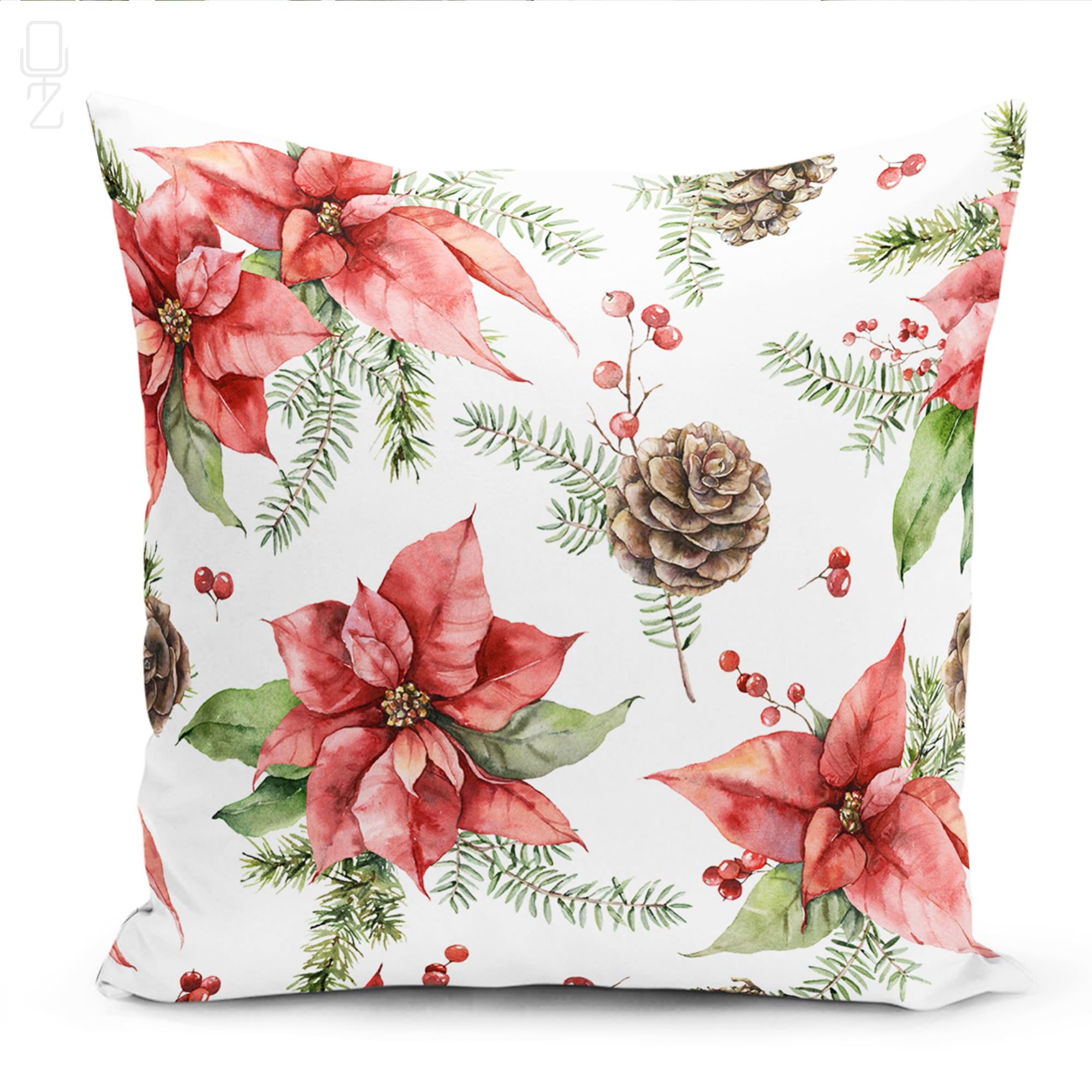 OyzShop Christmas Cushion Cover with Christmas Poinsettia Flowers & Cones, Double Sided with Multi-Sizes, 40x40cm (16x16 Inch), Option 3 (1 Piece)