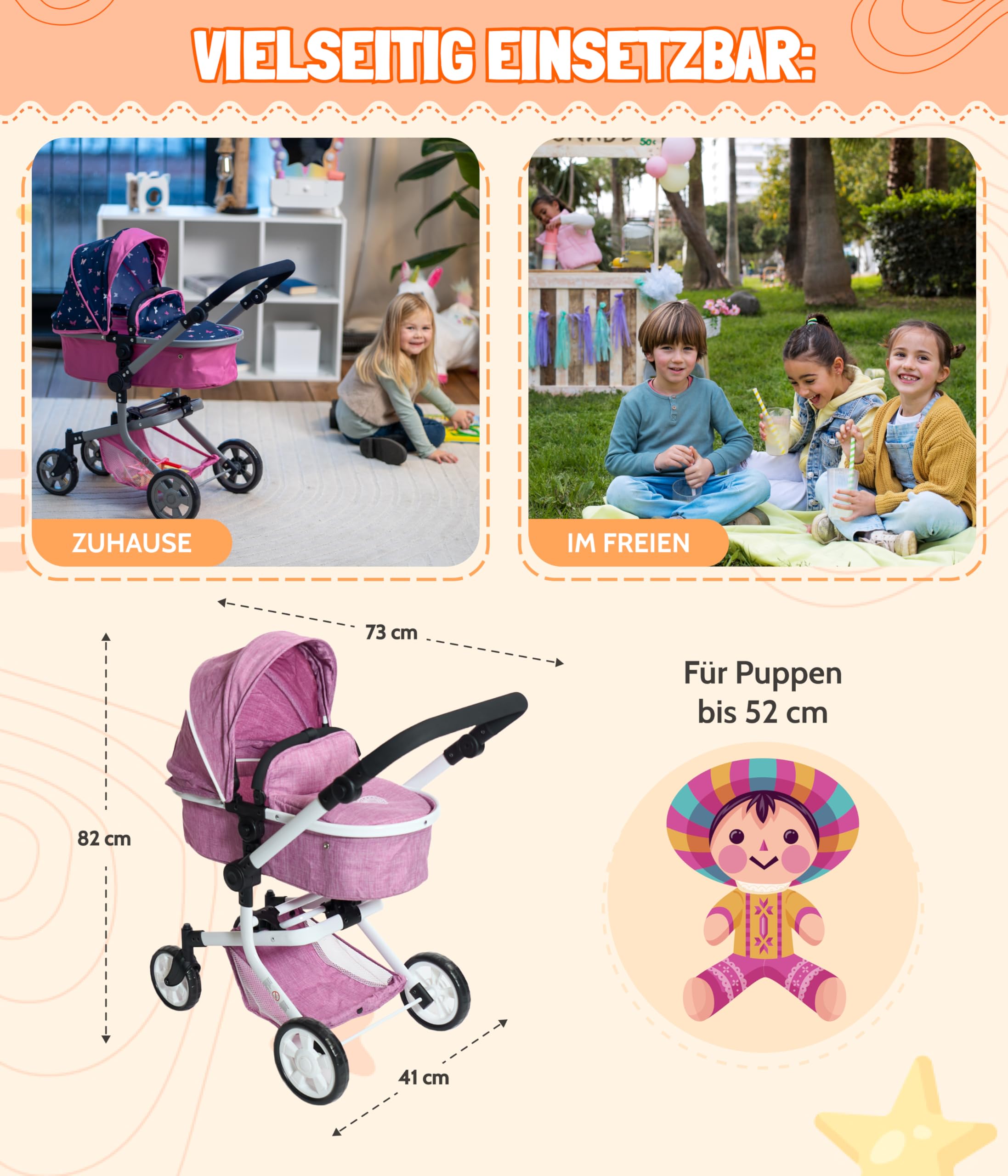 Poussette De Poupée 2 En 1 Bayer Chic 2000 Mika - Pliable, Réglable 47-80 Cm, Pour Poupées Jusqu'à 52 Cm - 4-8 Ans - 10