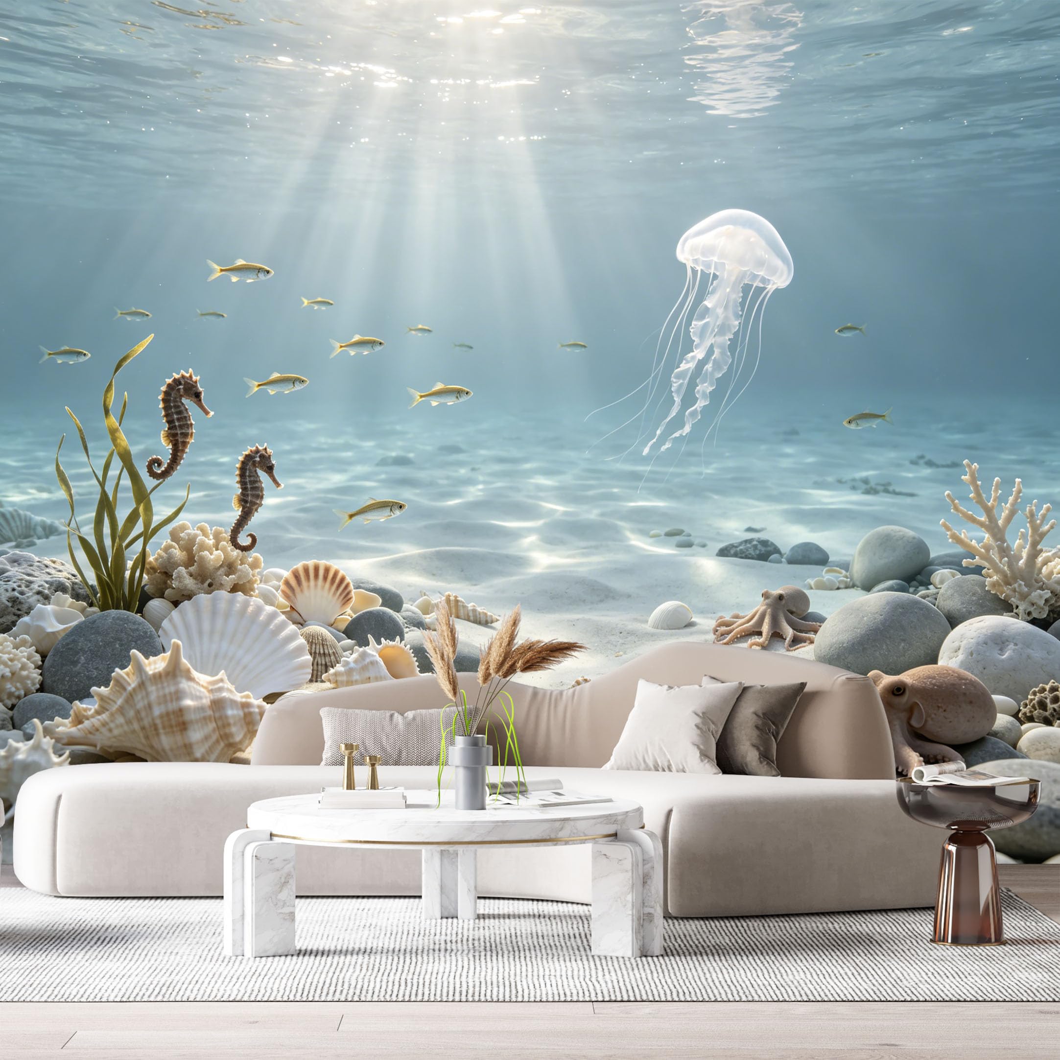 Custom Size Wall Murals Ocean Marine 3D Jellyfish Octopus Seahorse Shells SelfAdhesiveWall Fabric Removable Wallpaper Wall Decor for Living Room Bedroom Bathroom