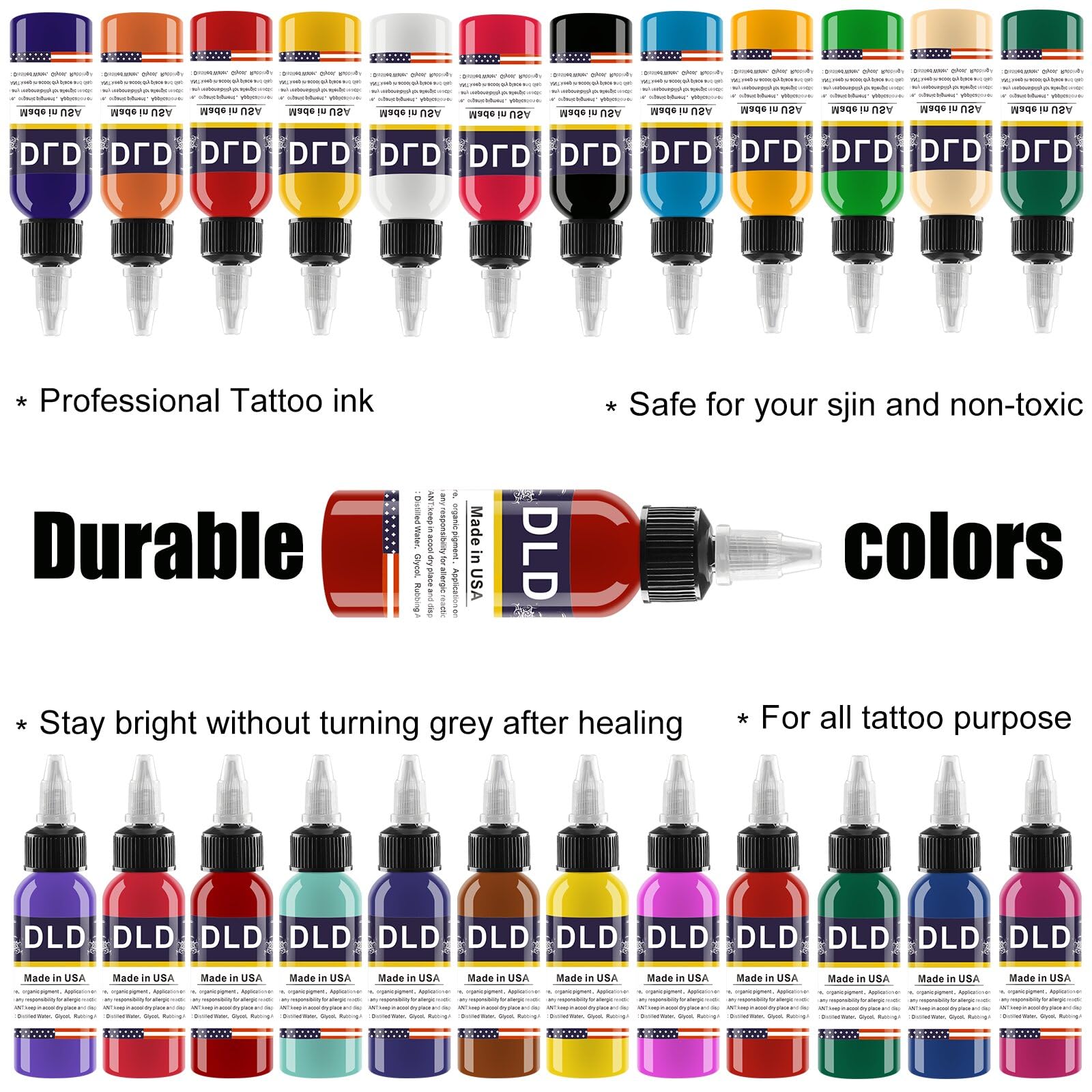 DLD Zestaw wegańskich atramentów do tatuażu 25 x 15 ml – nietoksyczny, bezpieczny dla skóry, profesjonalny trwały kolorowy pigment do tatuażu (po 14 g)