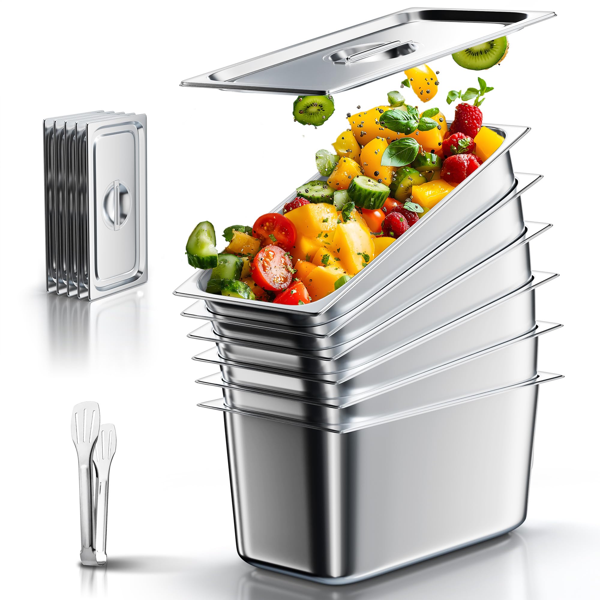 WantJoin Steam Table Hotel Pans with Lid 1/3 Third Size 4 Inch Deep 6 Pack, Thickened Stainless Steel Metal Tray Sets Food Storage Container, Restaurant Chafing Dishes Commercial Buffet Warmer