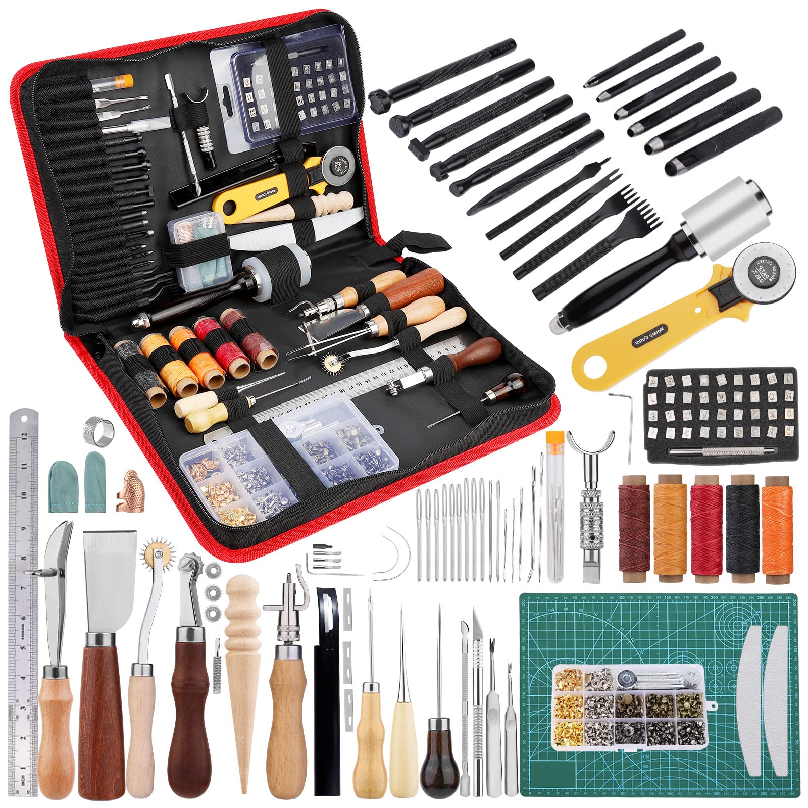 Kit d'outils en Cuir, kit de Couture en Cuir, Outil de Traitement du Cuir avec Outils de découpe en Cuir, kit de Rivets en Cuir, Grover, Tapis de Coupe, perforateur à Dents et Sac de Rangement