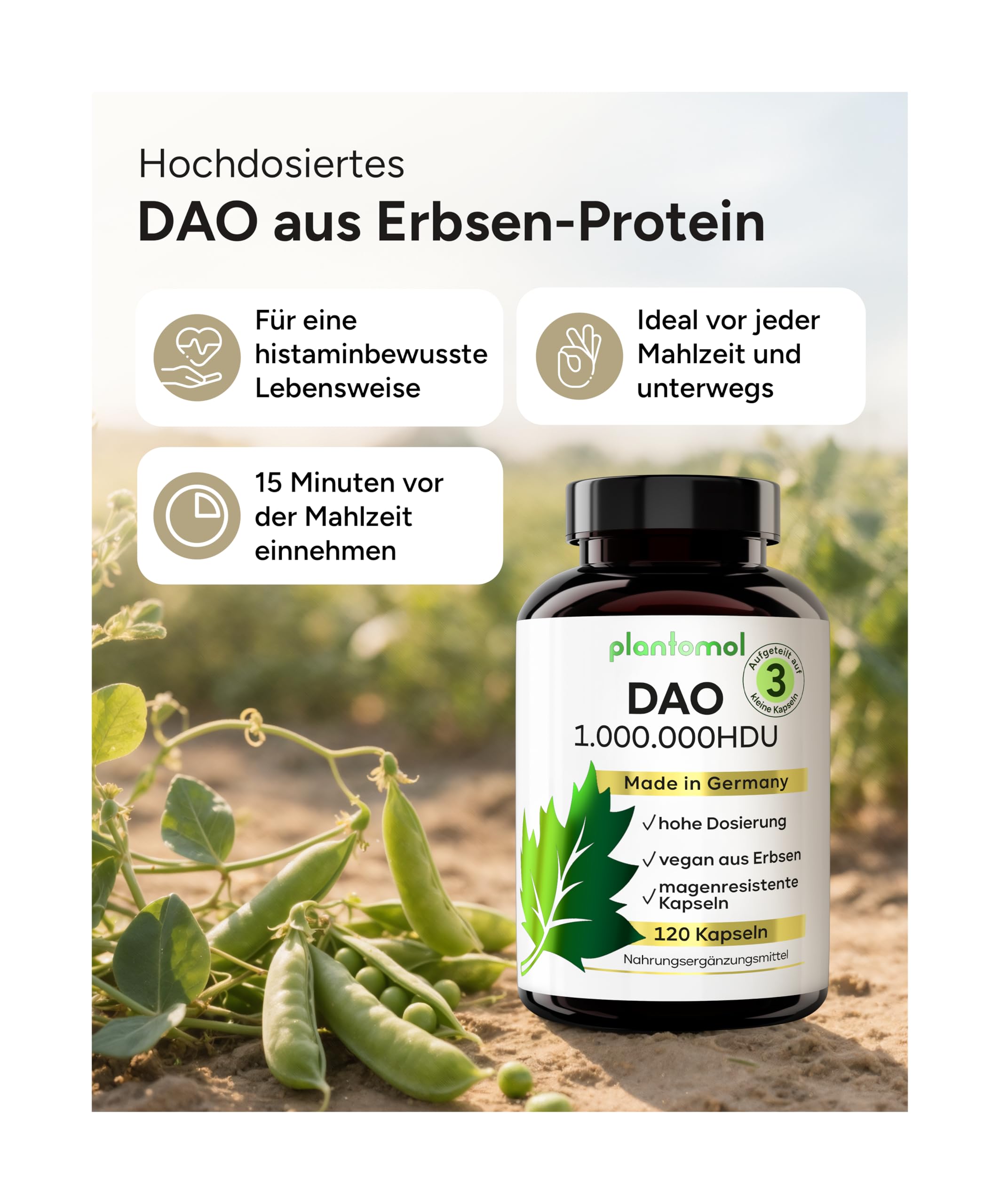 120 DAO Kapseln - 1.000.000 HDU pro Tag - perfekte Dosierbarkeit mit 333.333 HDU/Kapsel (1 bis 3 Kapseln/Tag) - DAO vegan - DAO Enzym aus Erbsen