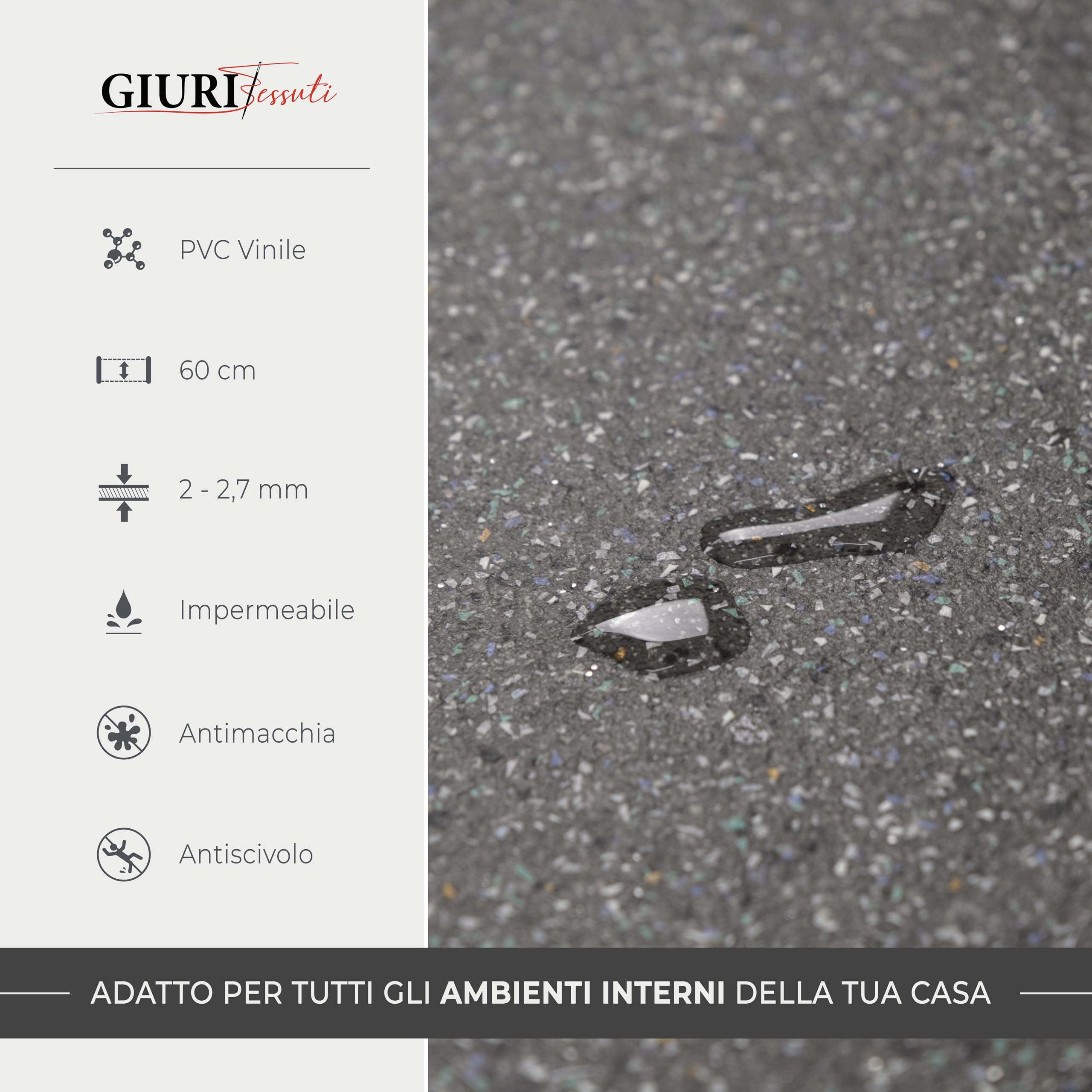 Giuri Tessuti - PASSATOIA per Cucina in Vinile - Larghezza 60 cm - Tappeto Runner Lavabile e Antimacchia in PVC (380 cm, Grit Dark)