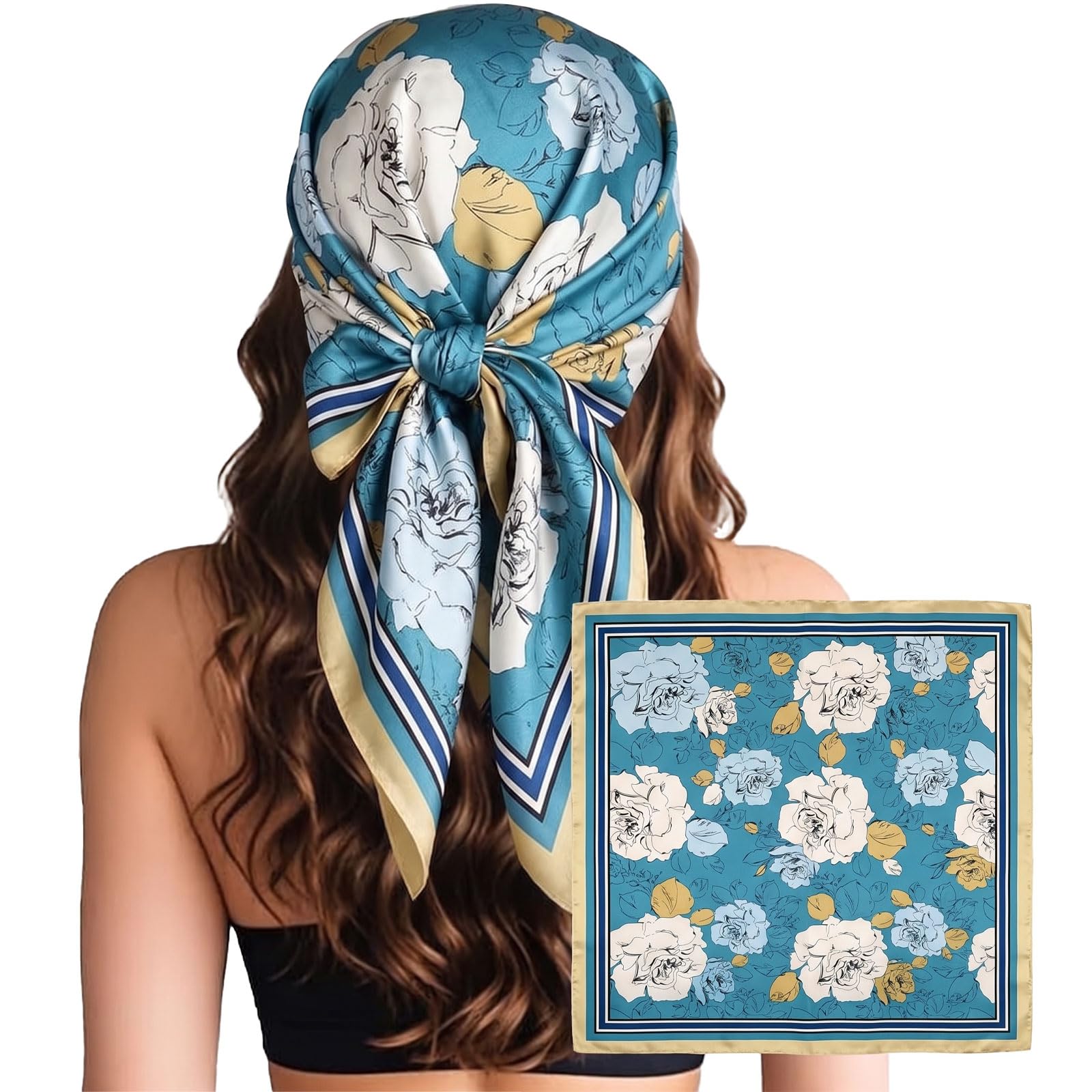 NWDEY Head Scarf for Women Silk Like Satin Hair Scarf Large Square Printed Bandanas 35 Inch Silk Scarves for Sleeping Neck Scarf Hair Wrap (1 Pc Style 210)