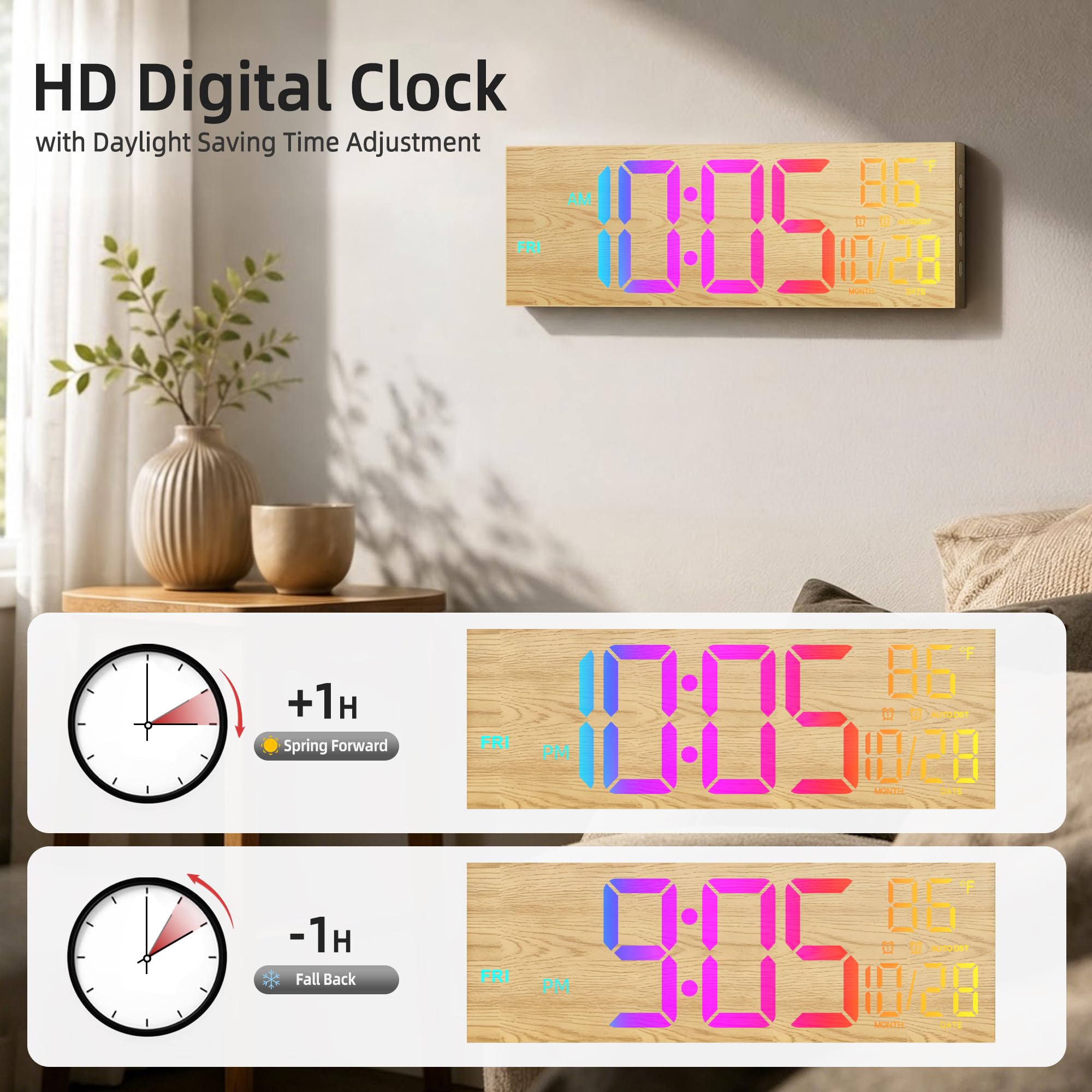 Orologio da parete digitale a LED, 42 cm, con luce notturna, funzione di regolazione automatica, 2 sveglie, 8 colori RGB, indicatore della temperatura, telecomando, orologio da parete per