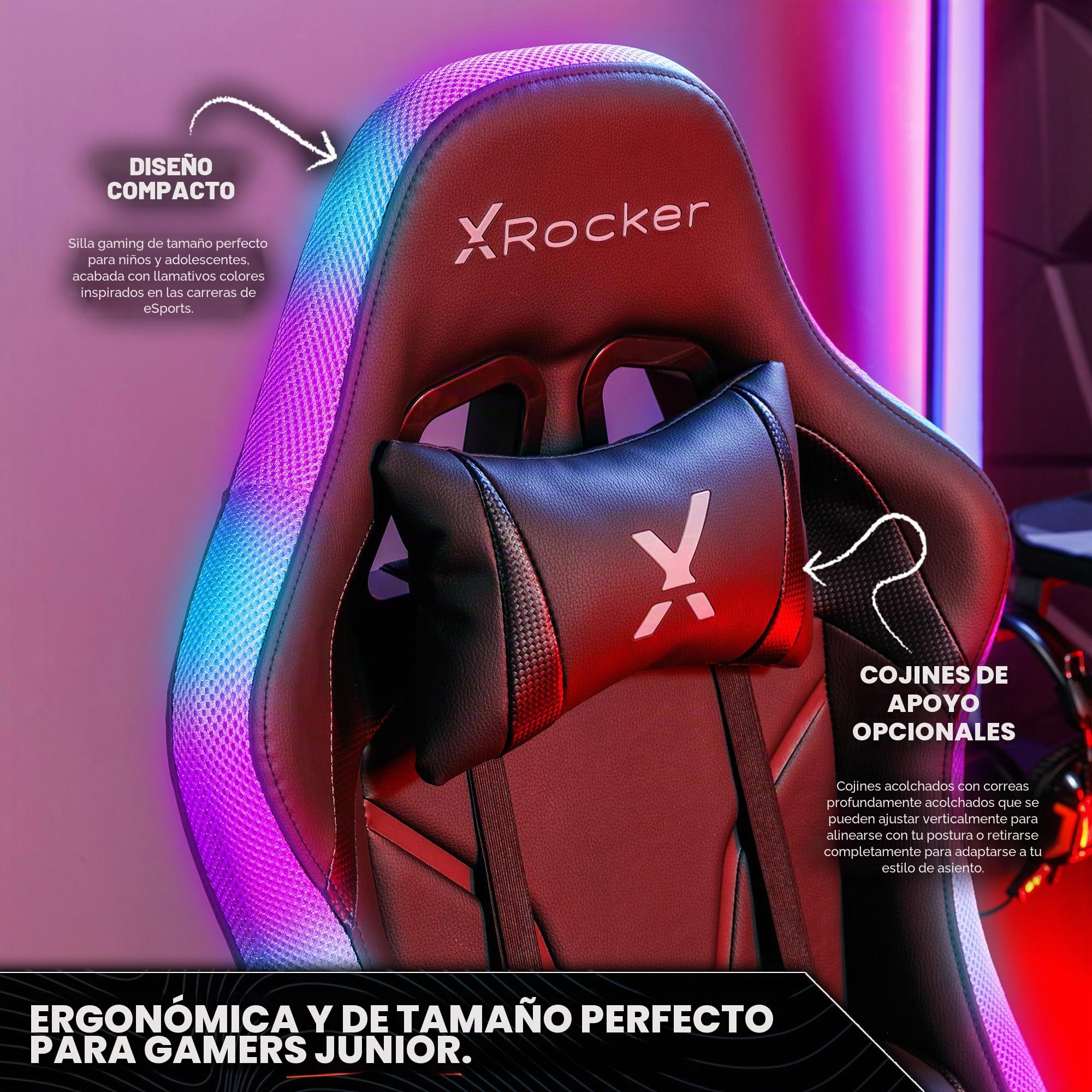 X-Rocker Agility RGB - Silla de computadora de carreras con luces para niños y jóvenes, silla de oficina giratoria ergonómica con respaldo alto, reposacabezas y cojín de apoyo lumbar, altura ajustable