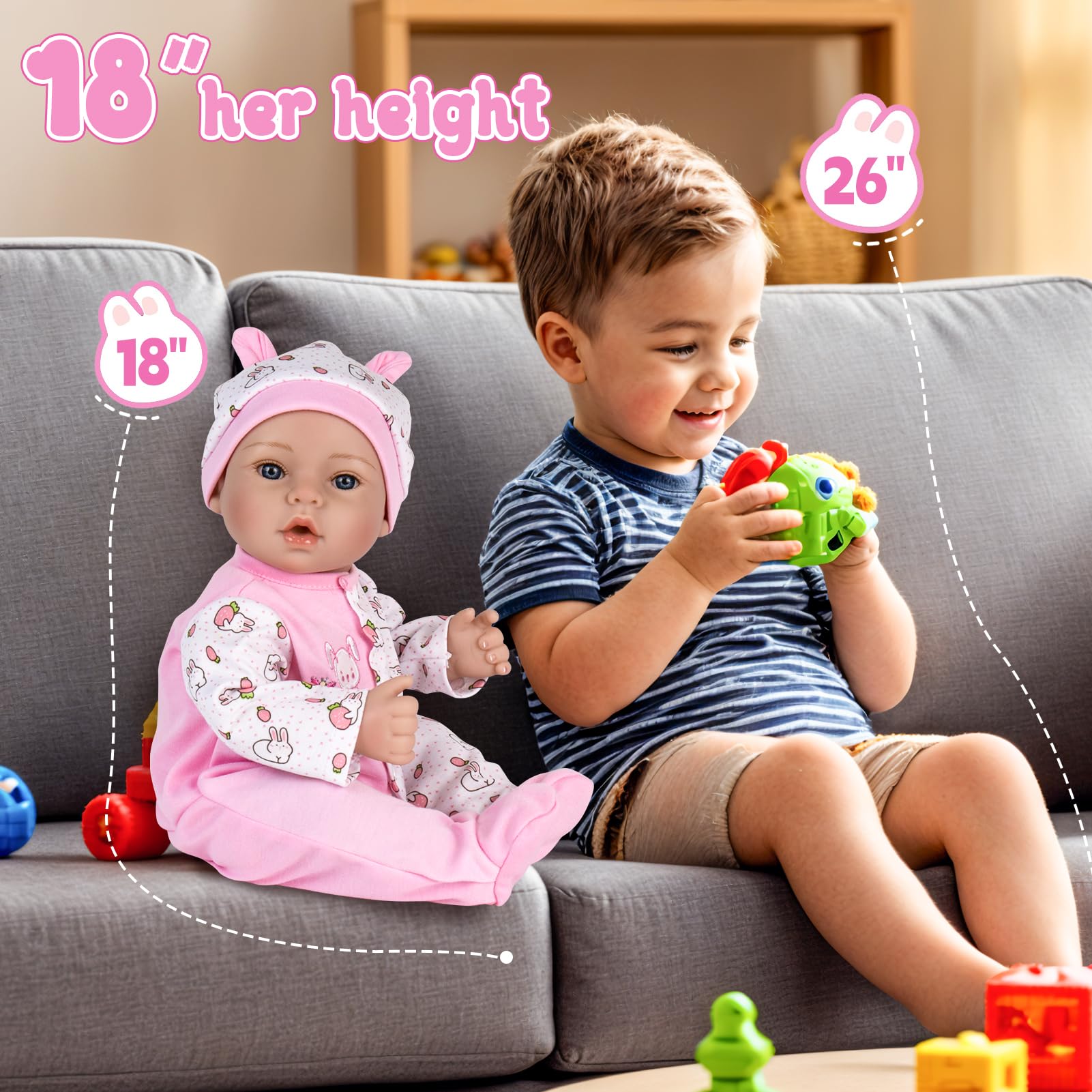 Muñecas realistas de bebé Reborn – Muñeca de bebé realista de 18 pulgadas hecha a mano con traje rosa y certificado de nacimiento – Cuerpo pesado para juegos de rol, regalo para niños a partir de 6