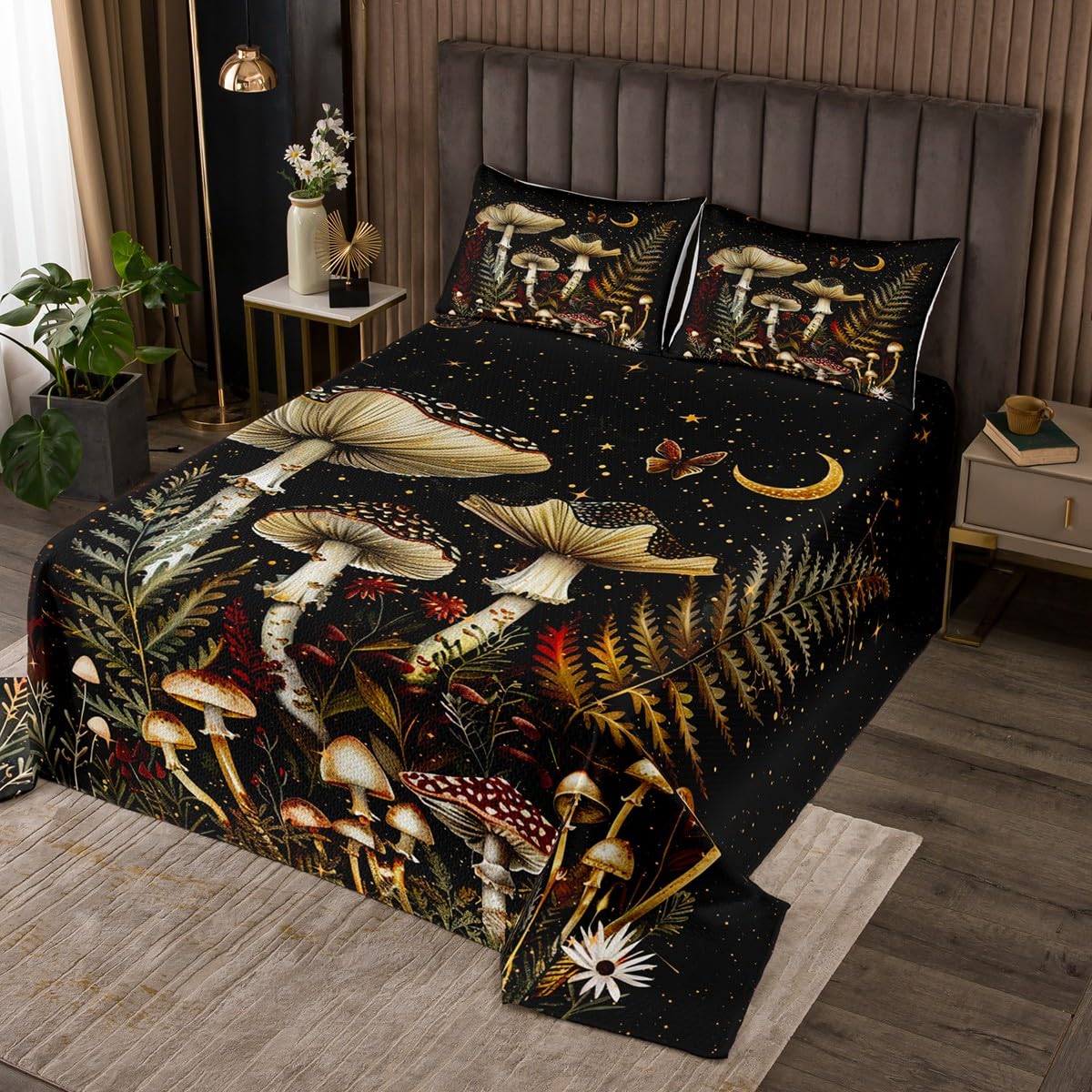 Castle Fairy Wild Mushroom Bedspread Twin Size Bedding for Kids Teens Bedroom Burgundy Plant Leave Decor Coverlet Set Burgundy Plant Leave Quilt Set for All Season,2 Pcs with 1 Pillowcase