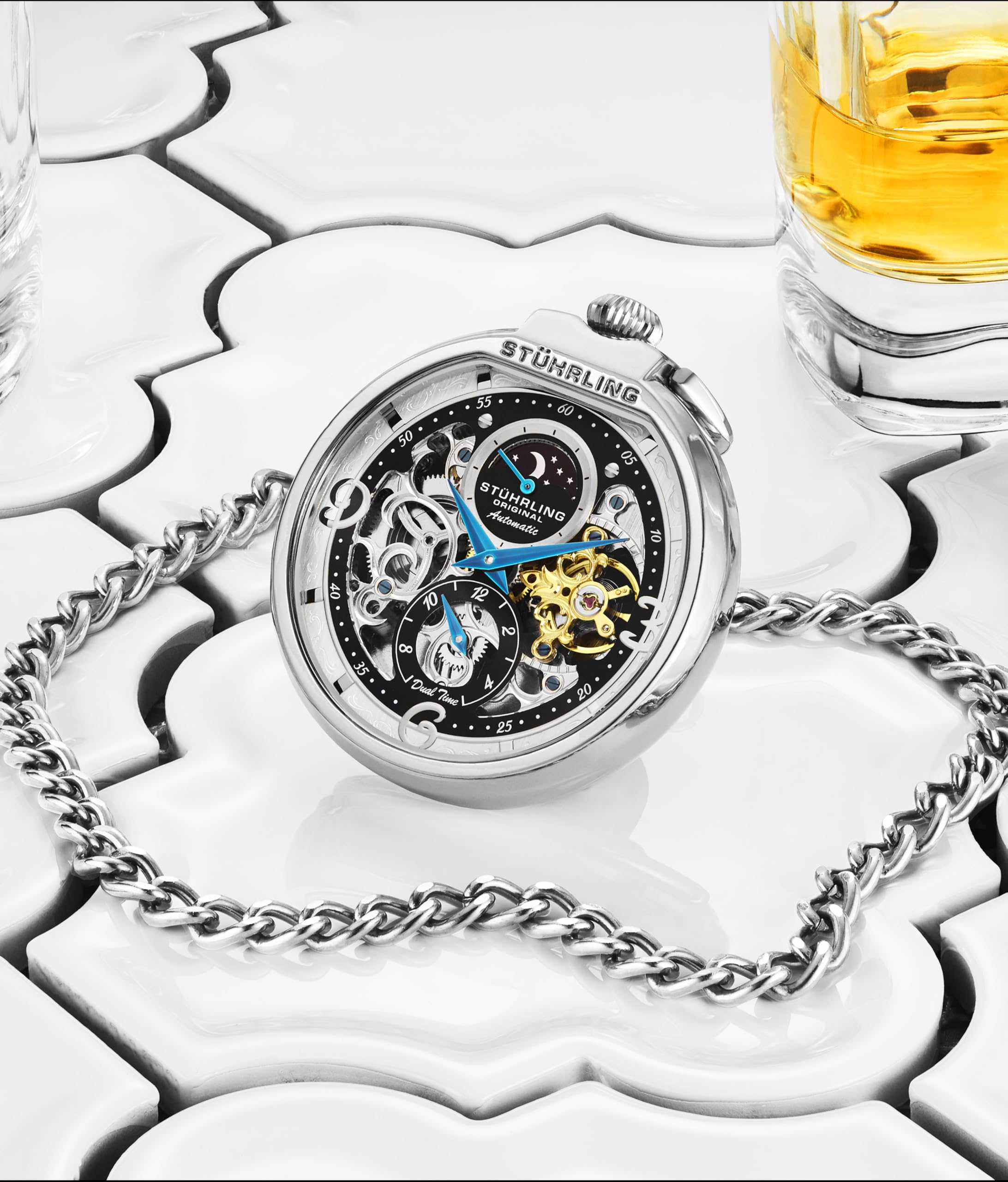Stuhrling Original Orologio da tasca automatico da uomo, orologio da tasca a carica automatica con catena in acciaio inossidabile, sole/luna