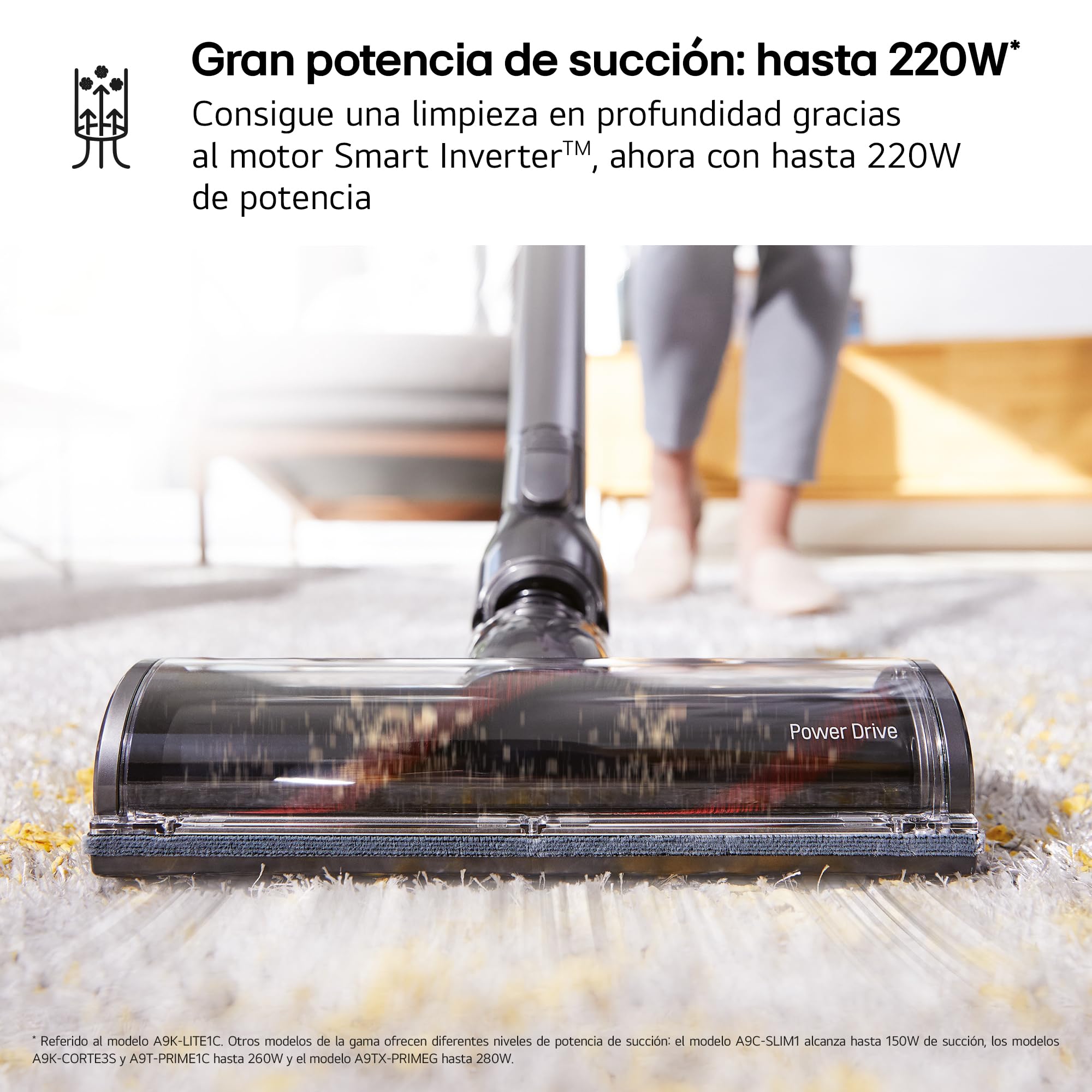 LG A9K-LITE1C - Aspirador Escoba, Kompressor 220W succión, con Sistema de compresión de Polvo, Cepillo con luz LED, Beige