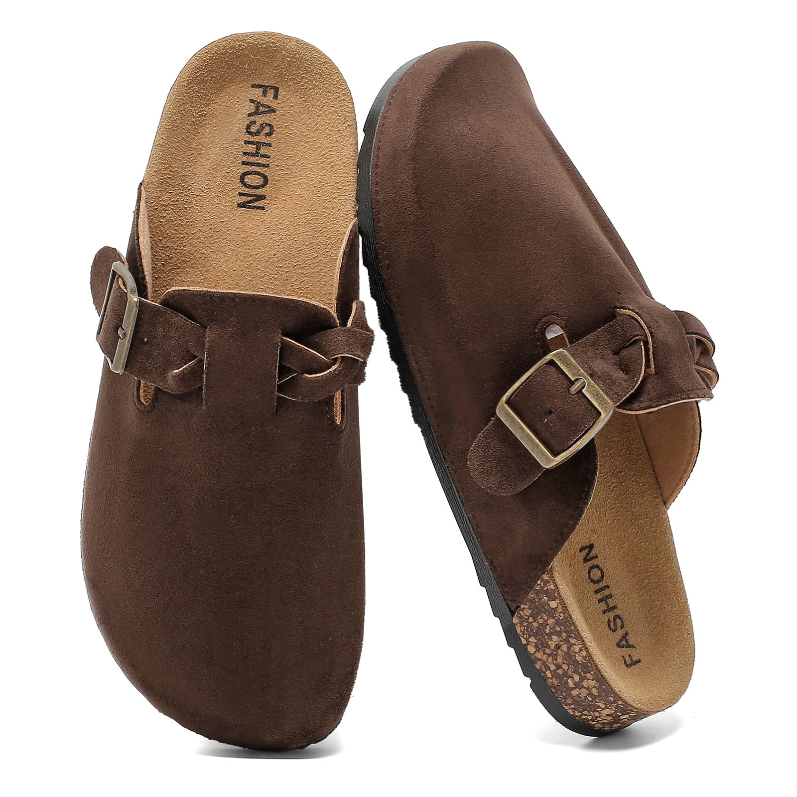 Suede Clogs for Women Leather Mules Closed Toe Adjustable Buckle Comfort Slippers Soft Cork Footbed Sandals with Arch Support Non-Slip-image-47