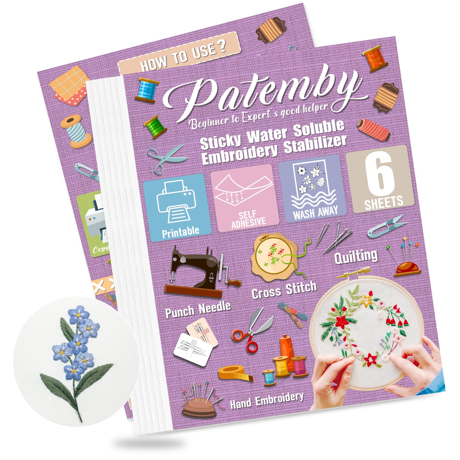 Patemby 6Pcs Sticky Water Soluble Embroidery Stabilizer 8.5