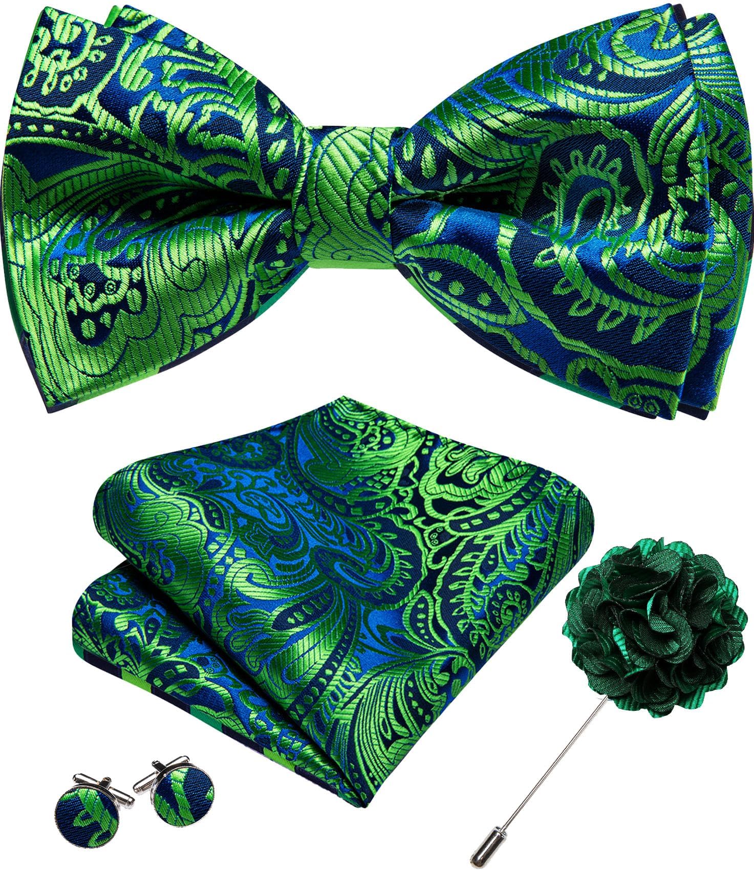 YOHOWA Mens Bow Tie Paisley Coloful Pre-tied Bowties Handkerchief Cufflinks