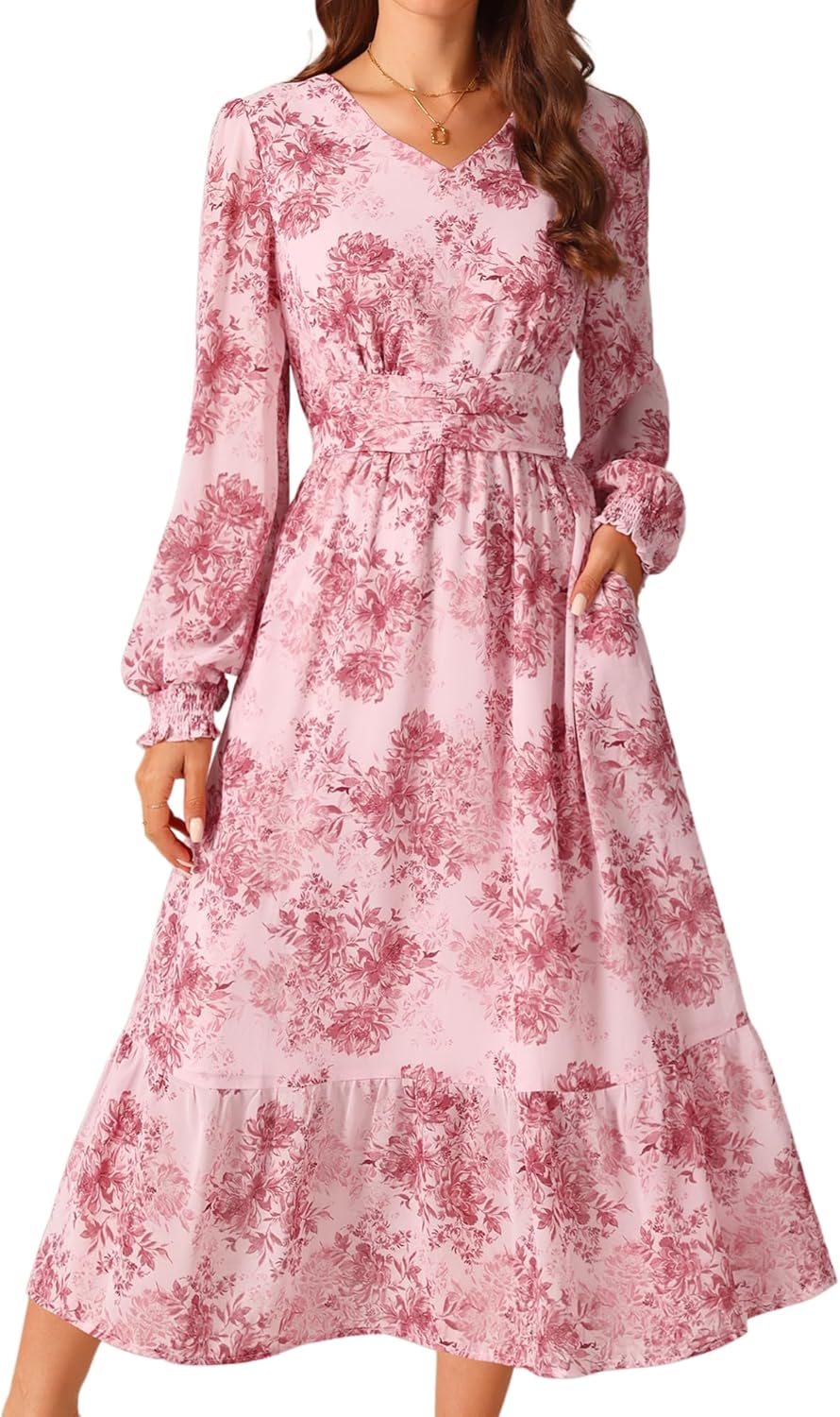 Seta T Women's Long Sleeve Floral Dresses V Neck Boho Ruffle Tiered Flowy Chiffon Midi Dress with Pocket