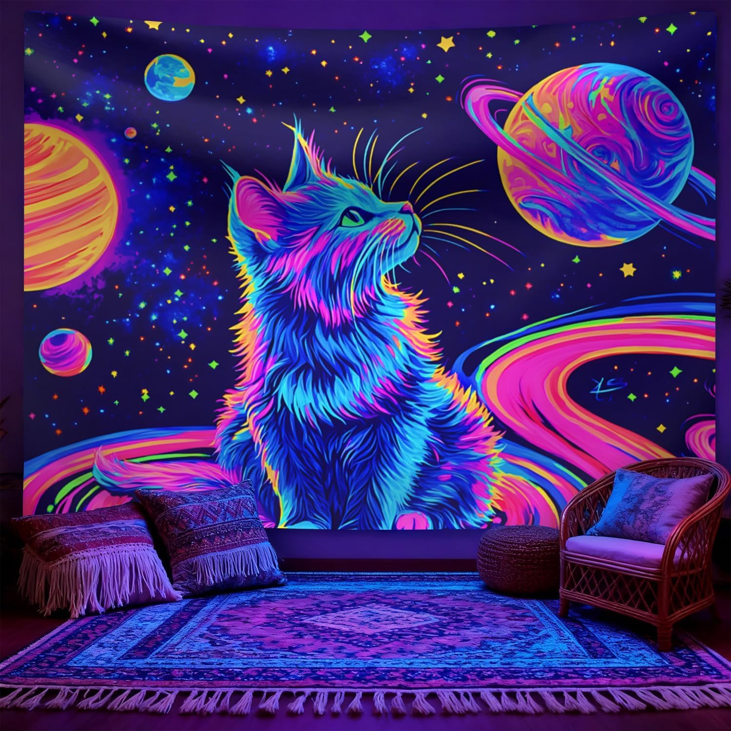 seewan Black Light Space Cat Tapestry, Glow-in-the-Dark UV Neon Galaxy Kitten with Planets Wall Hanging, Psychedelic Cosmic Art Tapestry, Bedroom Dorm Living Room Background Decor