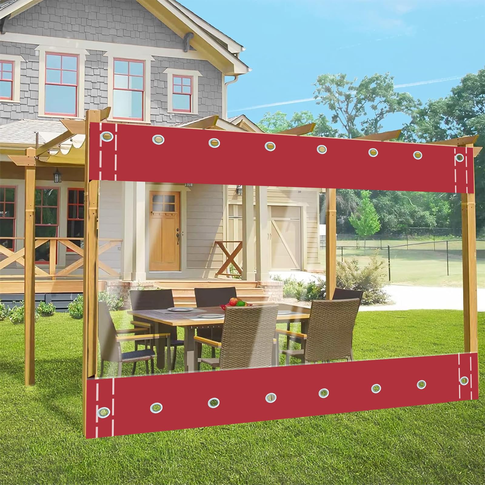 Gyuezx Red Transparent Tarpaulin Side Panels,Outdoor Clear Tarp Curtain,100% Waterproof,Heavy Duty Tarpaulin With Grommets,For Pergola,Porch,Gazebo,Patio,Customisable H×W- 1.5X3m/4.92X9.84ft
