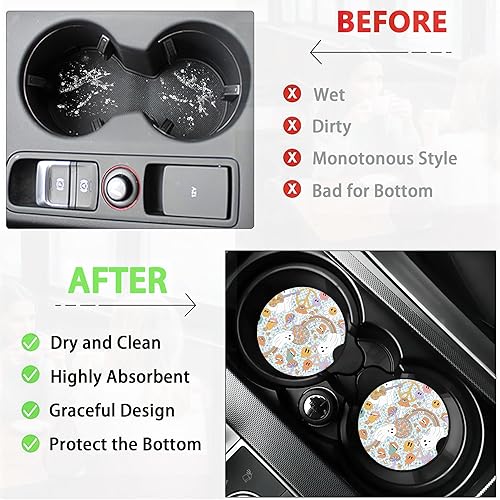 Miniatura 5 de Posavasos de automóvil de los años 70, diseño de hongos Groovy para mujer, paquete de 2, retro, fantasma, arco iris, absorbentes, para portavasos de