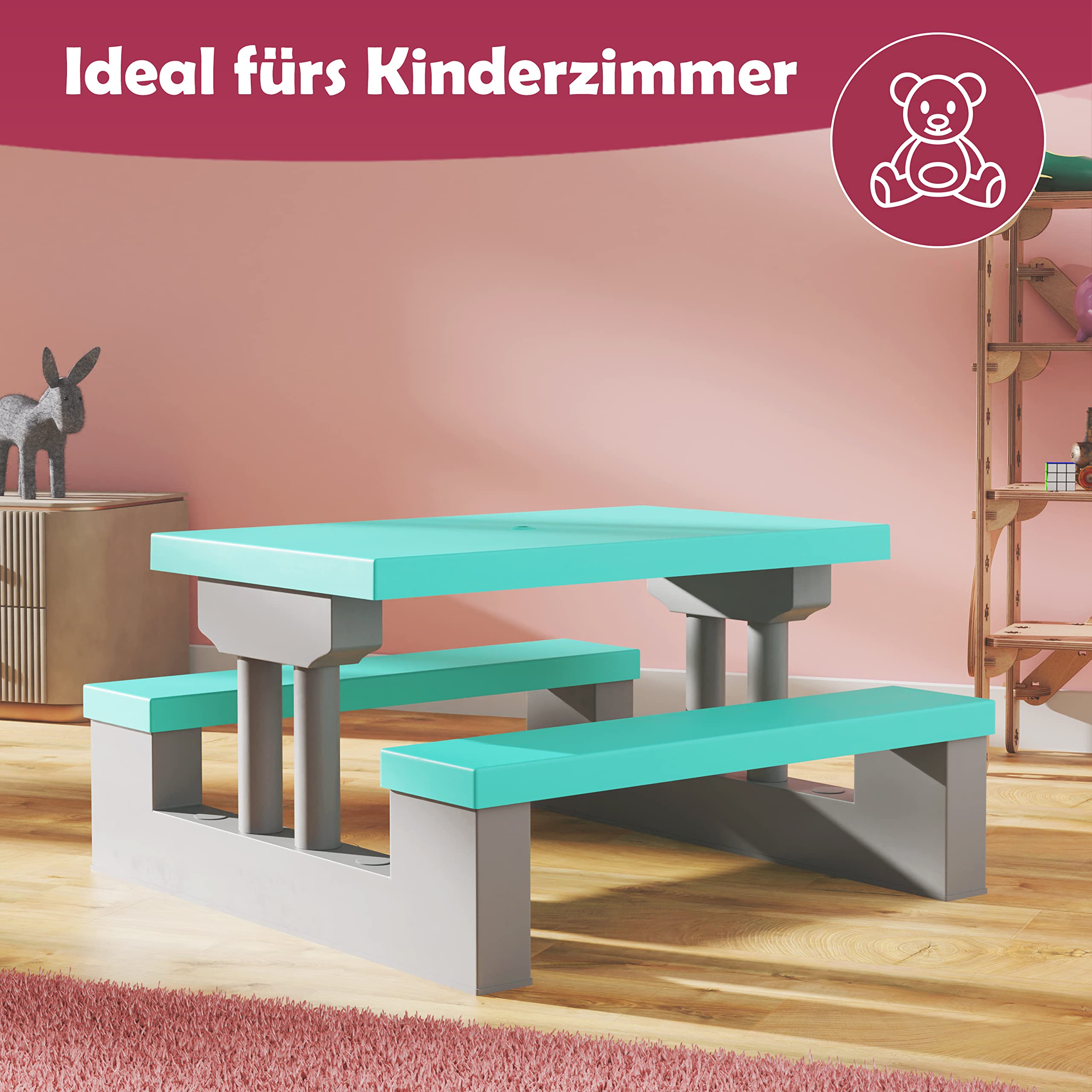 Spielwerk® Kindersitzgruppe Sonnenschirm UV Schutz Stecksystem Waschbar ABS Kunststoff Wetterfest Mint Outdoor Picknicktisch Kindertisch Gartenmöbel