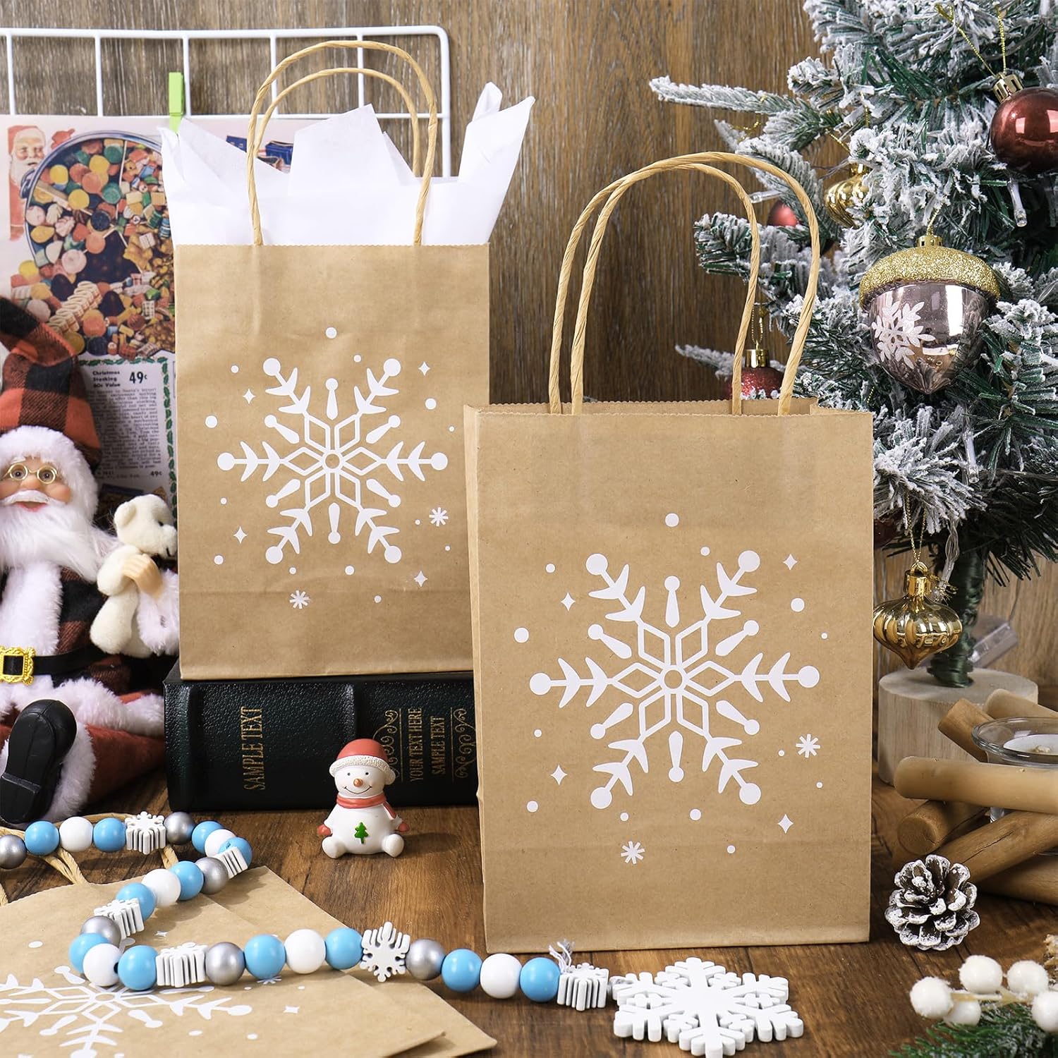 JarThenaAMCS 30Pcs Winter Kraft Paper Bags with 40 Sheets Tissue Paper Christmas Brown White Snowflake Candy Goodie Treat Bags with Handles for Xmas Birthday Baby Shower Holiday Party Favors Supplies - Image 4