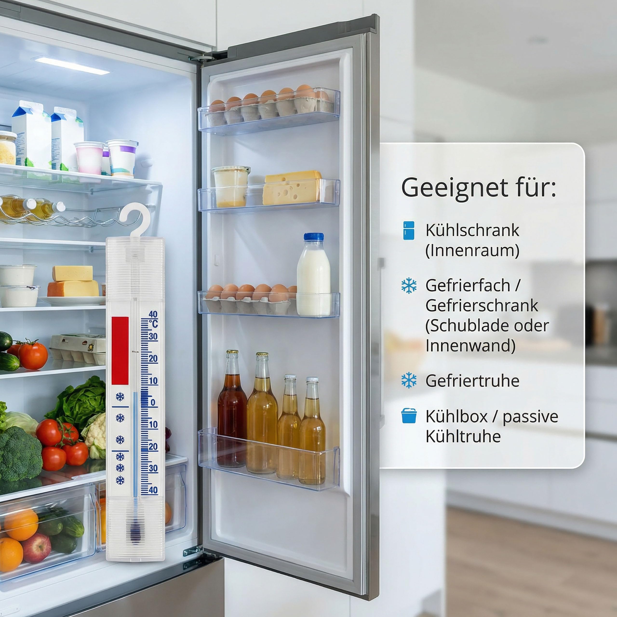 Lantelme 5 Stück Kühlschrankthermometer Set Temperatur + - 40°C Analog | Thermometer mit Haken zum Aufhängen | Für Gefrierschrank Kühltheke und Gefriertruhe | Deutsche Herstellung