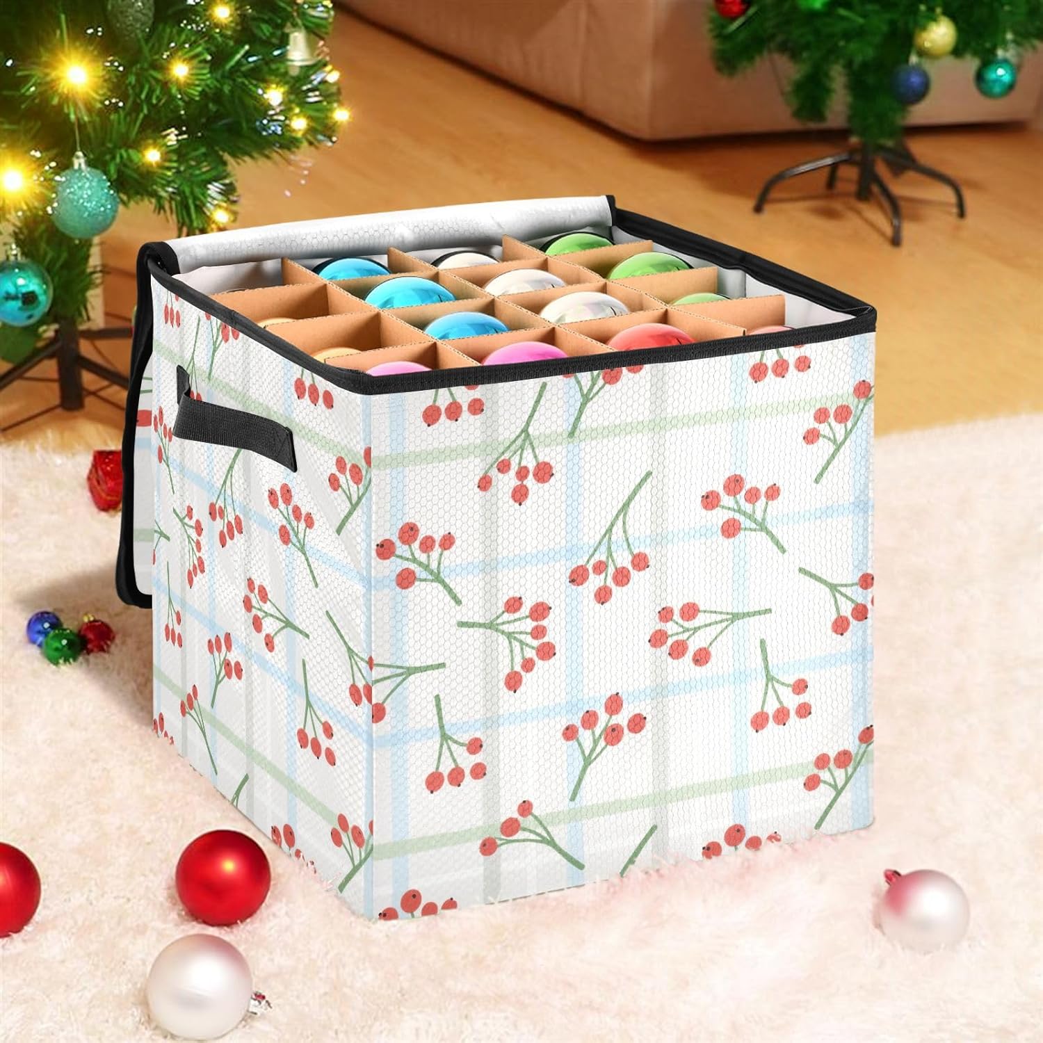 High Capacity Christmas ornament storage containers Holds Up to 64, Adjustable Dividers, Zippered Top, Two Handles stackable Holiday Storage Case with Lid,Pastel Simple Floral