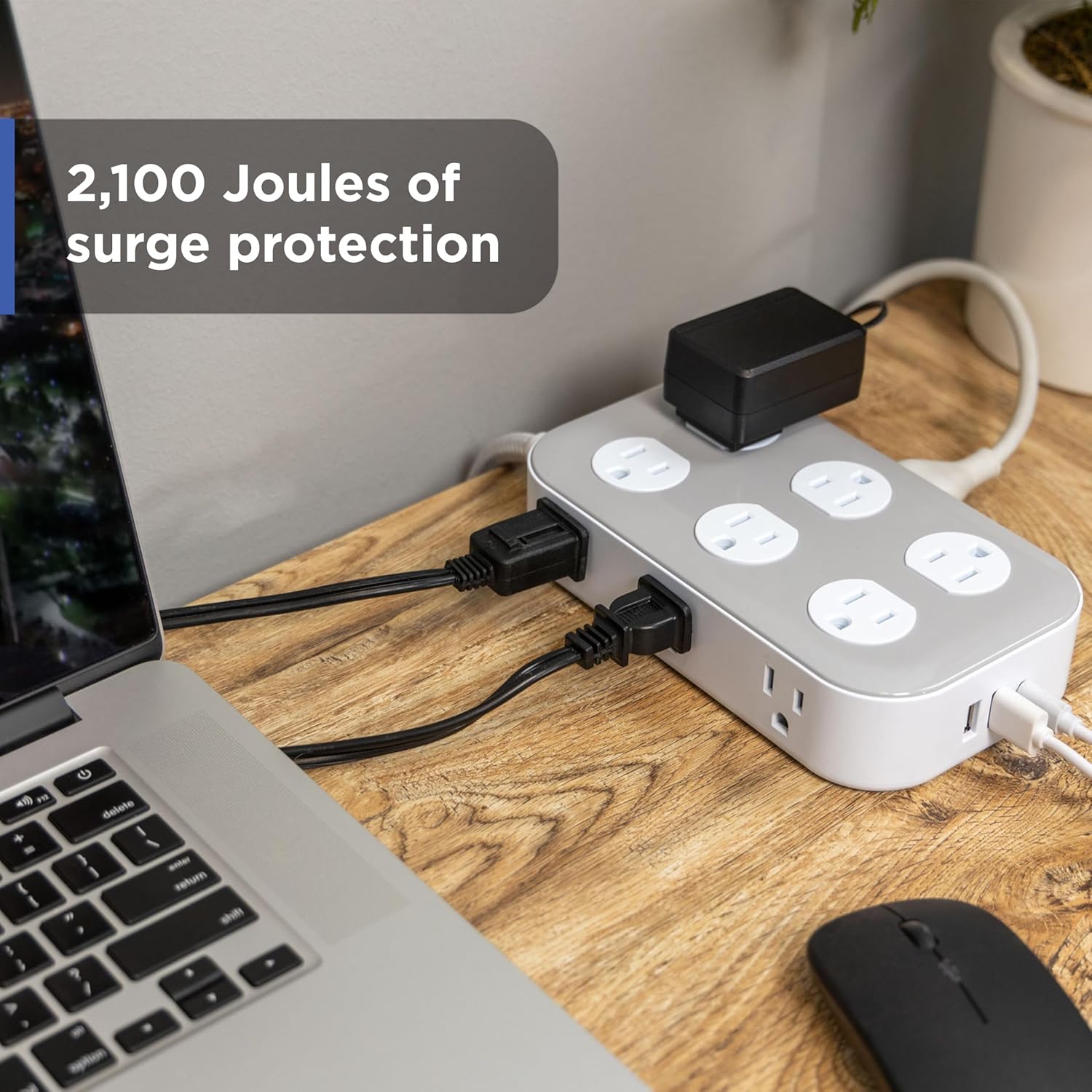 GE 12-Outlet Surge Protector with 6ft Braided Cord, Power Strip, Extension Cord, Flat Plug, 2 USB-A & 1 USB-C Port, 2100 Joules, for Home School & Office, Charging Station, White, 84214